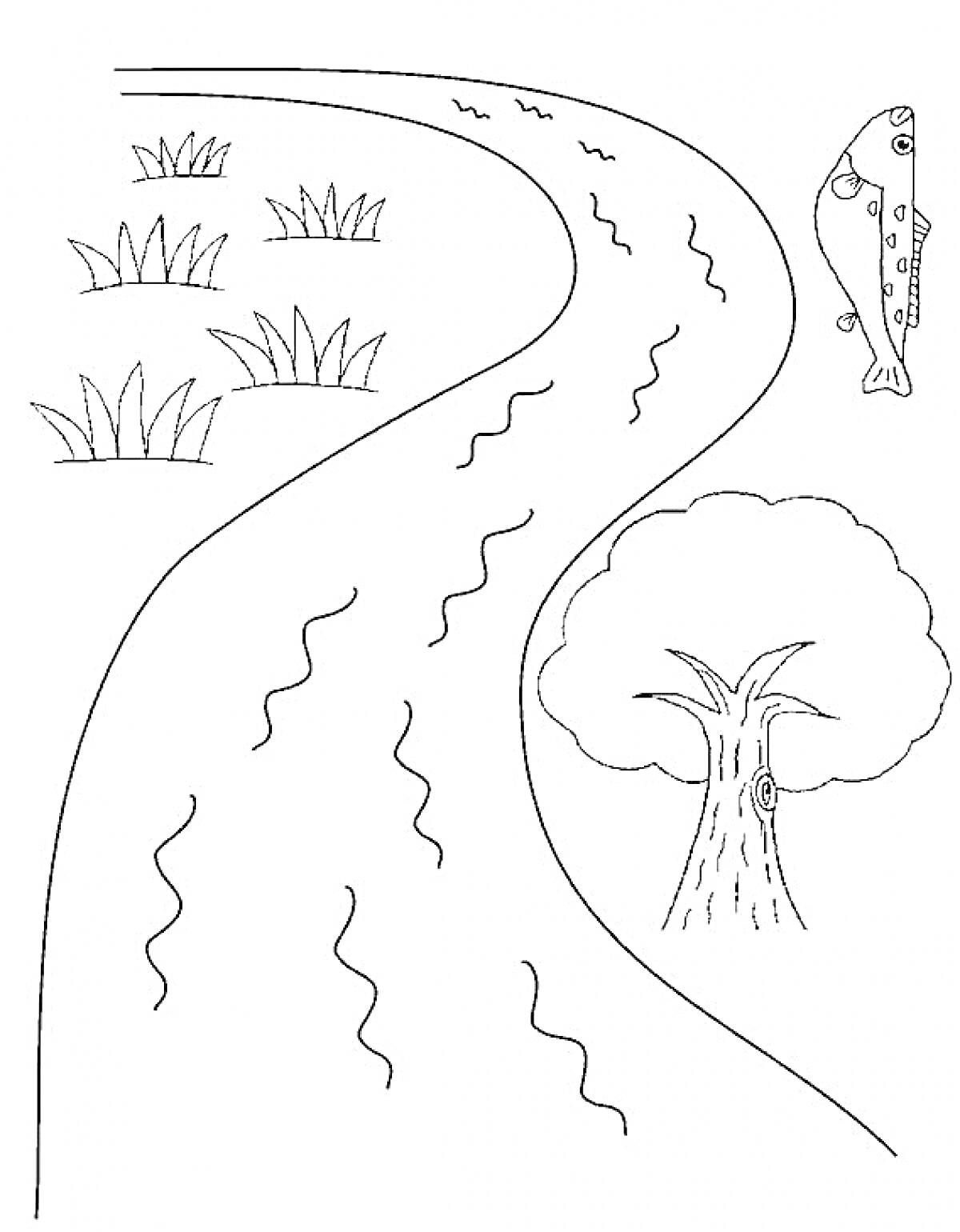 Раскраска Река с рыбой, деревом и травой
