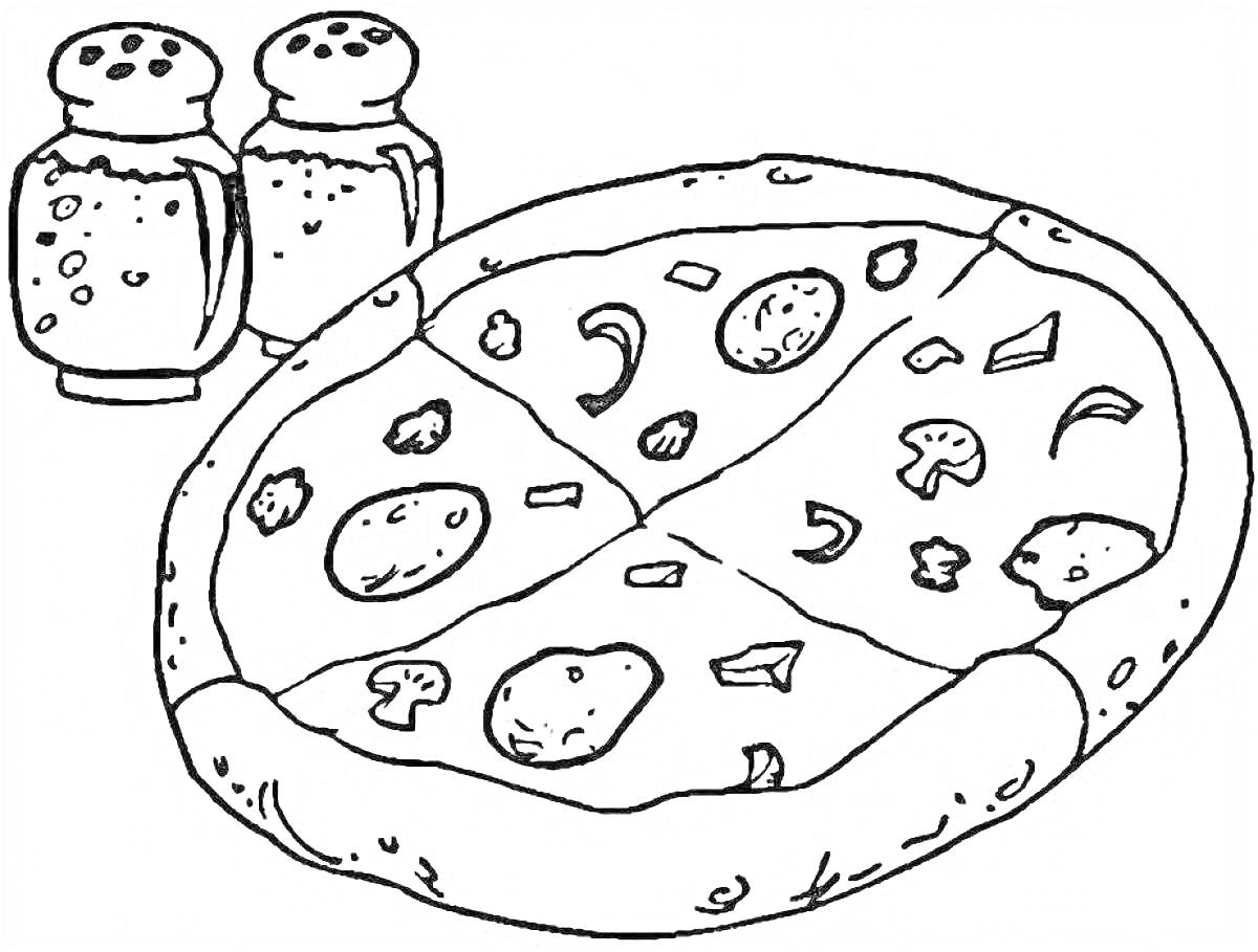 На раскраске изображено: Пицца, Овощи, Грибы, Соль, Перец, Еда, Контурные рисунки