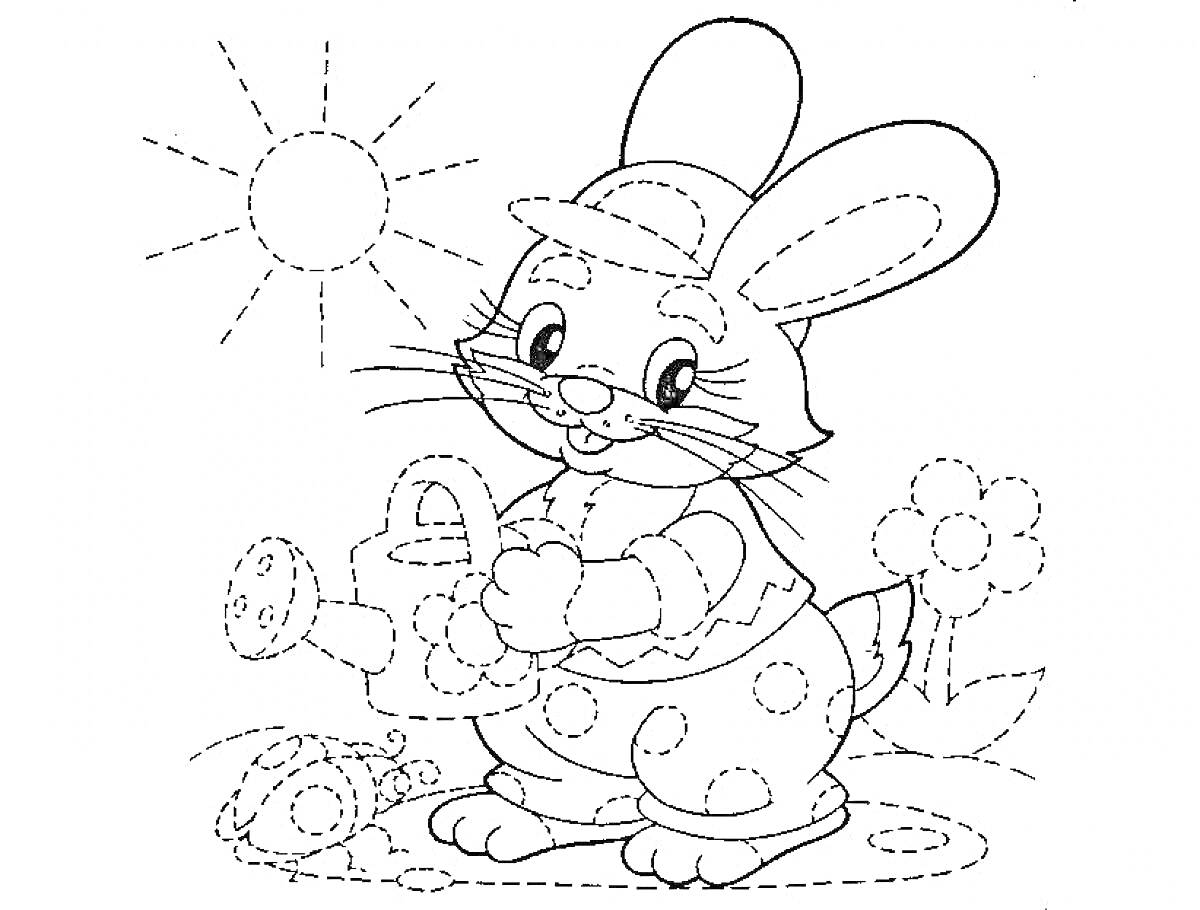 На раскраске изображено: Кролик, Шляпа, Лейка, Солнце, Трава, Для детей, Цветы, 6 лет
