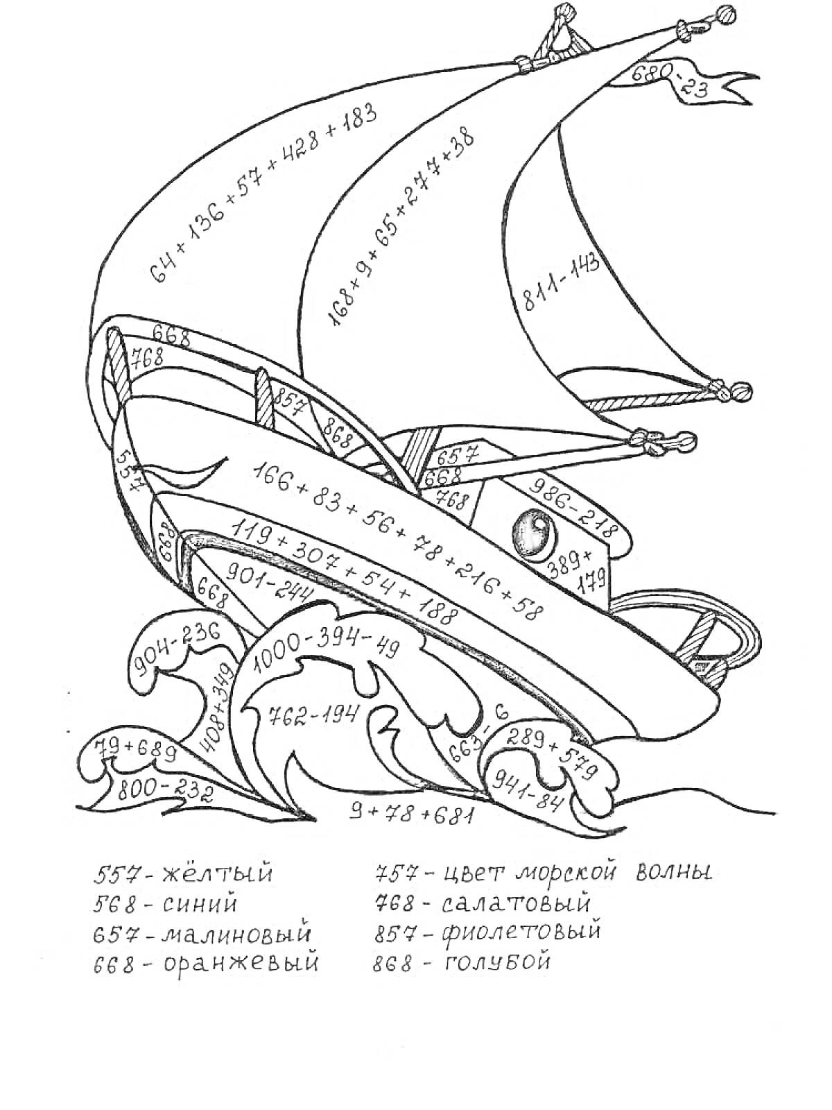 Раскраска парусник на волнах с числами, которые нужно сложить для раскраски