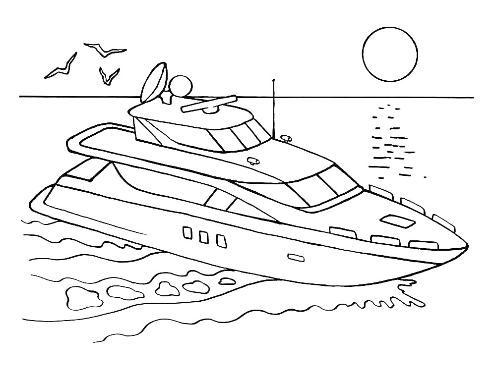 Раскраска Яхта в море на закате с птицами и волнами
