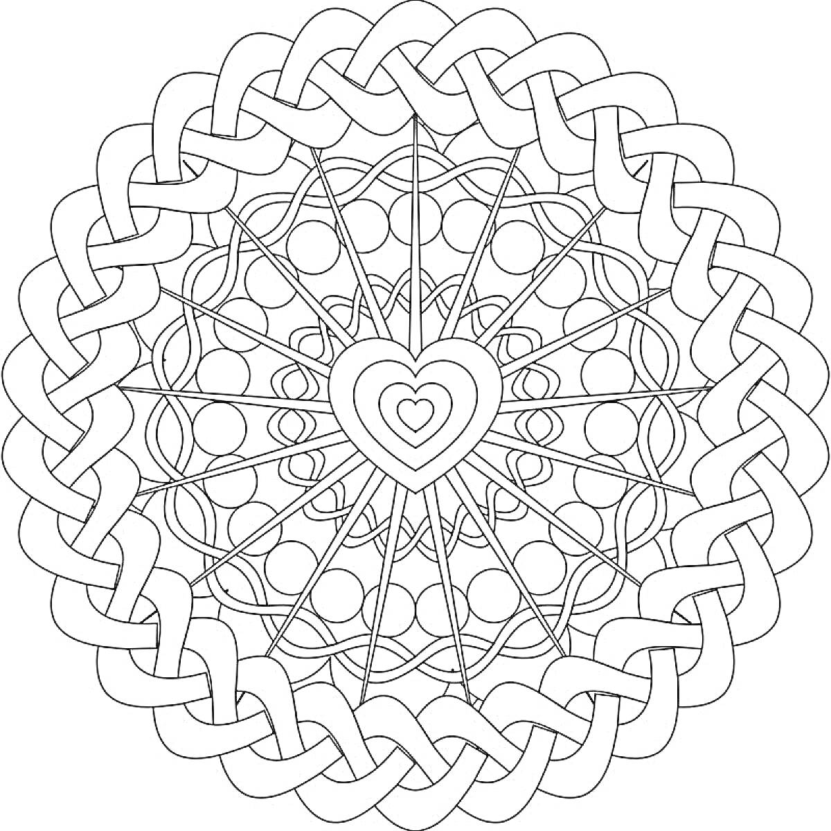 Раскраска Мандала с сердцем в центре, круглыми узорами и оплетающим узором по краю