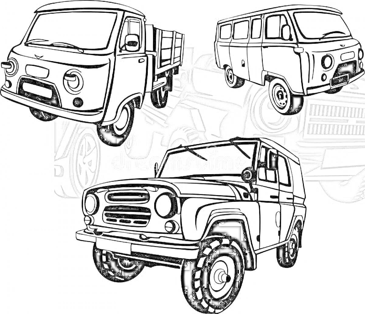 Раскраска УАЗ Hunter и другие модели УАЗ (грузовик, фургон)