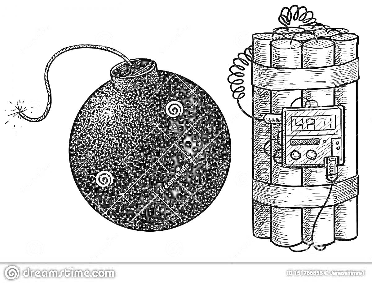Раскраска Классическая круглая бомба с фитилем и динамит с таймером