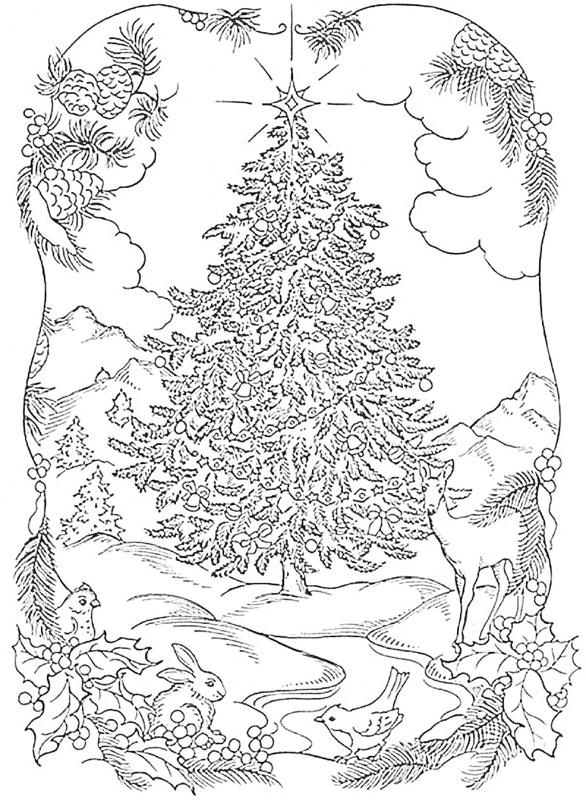 Раскраска Ёлочка в лесу с венком из шишек и листьев, животными и горами на заднем плане