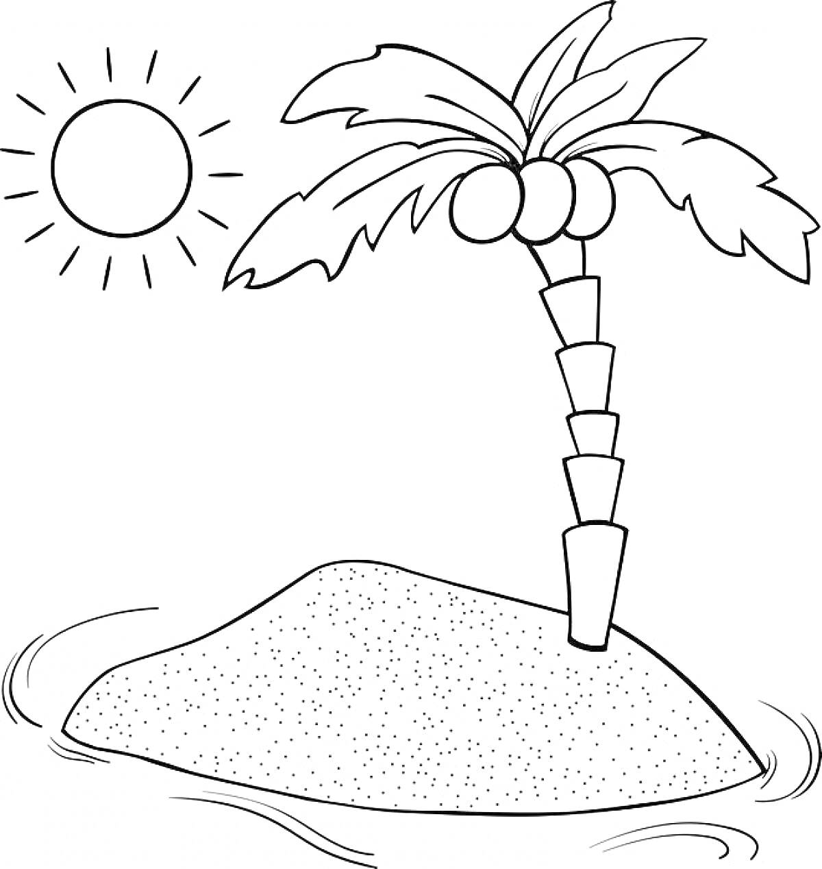 Раскраска Пальма на острове с солнцем и кокосами