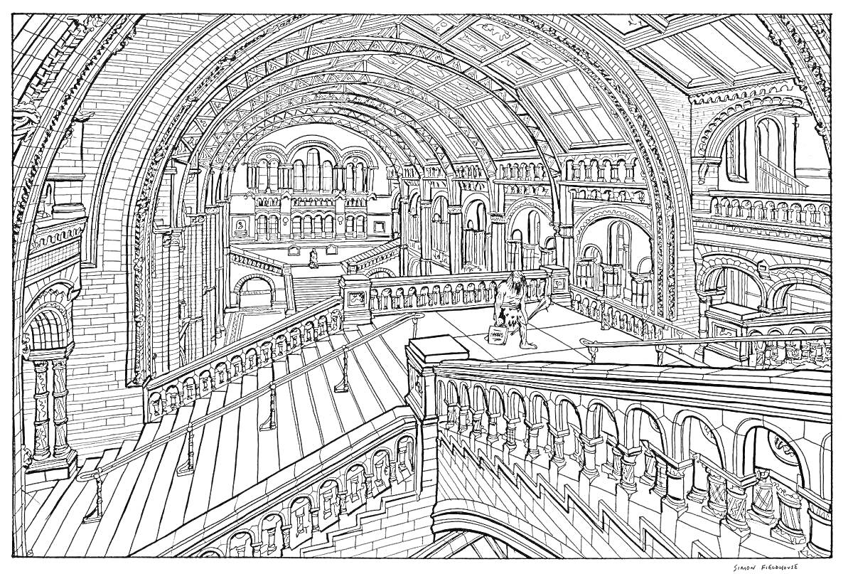 Раскраска Музейный зал ночью с арочными потолками, лестницами и колоннами