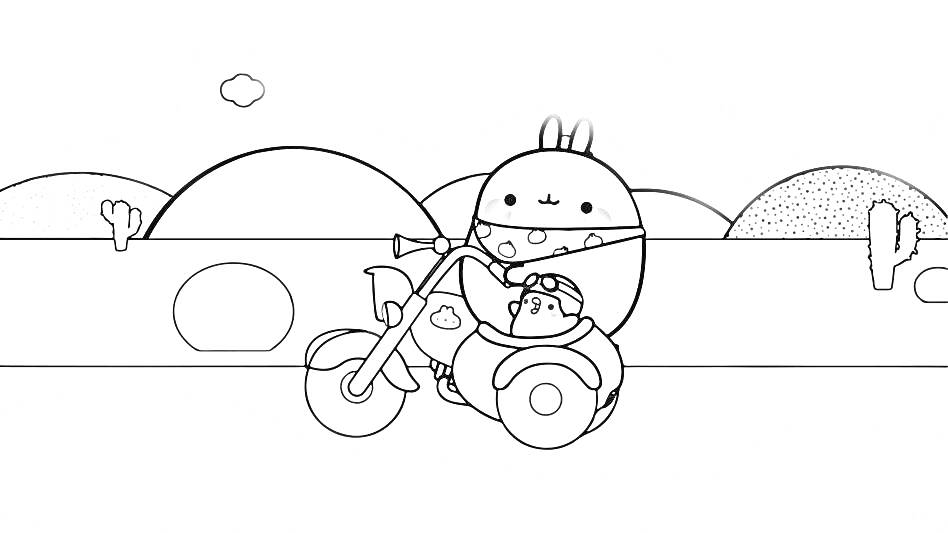 Раскраска Моланг и Пиу на мотоцикле с коляской в пустыне