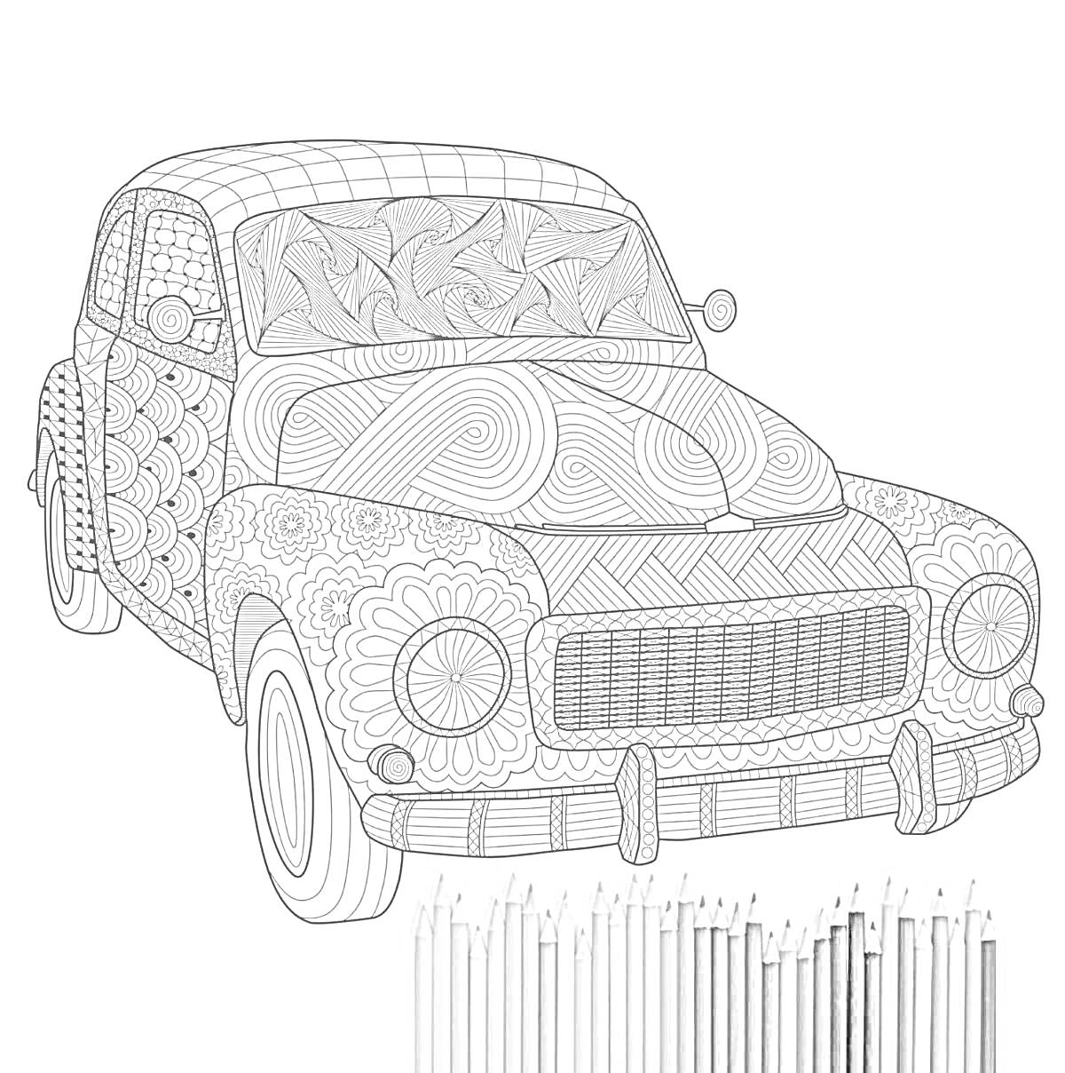 На раскраске изображено: Ретро автомобиль, Узоры, Цветы, Волны, Антистресс, Карандаши, Взрослым