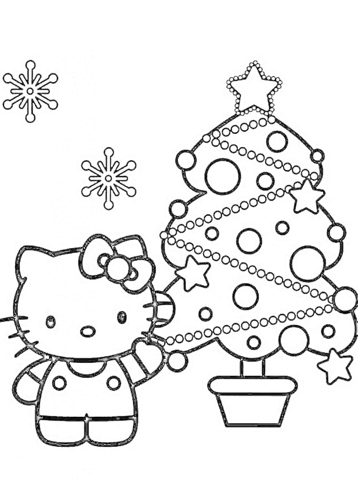 На раскраске изображено: Новогодняя ёлка, Снежинки, Украшения, Новогоднее дерево, Для детей, Звезды, Елки, Кот, Новый год