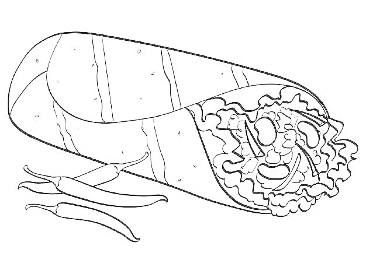 На раскраске изображено: Шаурма, Овощи, Острый перец, Еда, Перекус, Краски