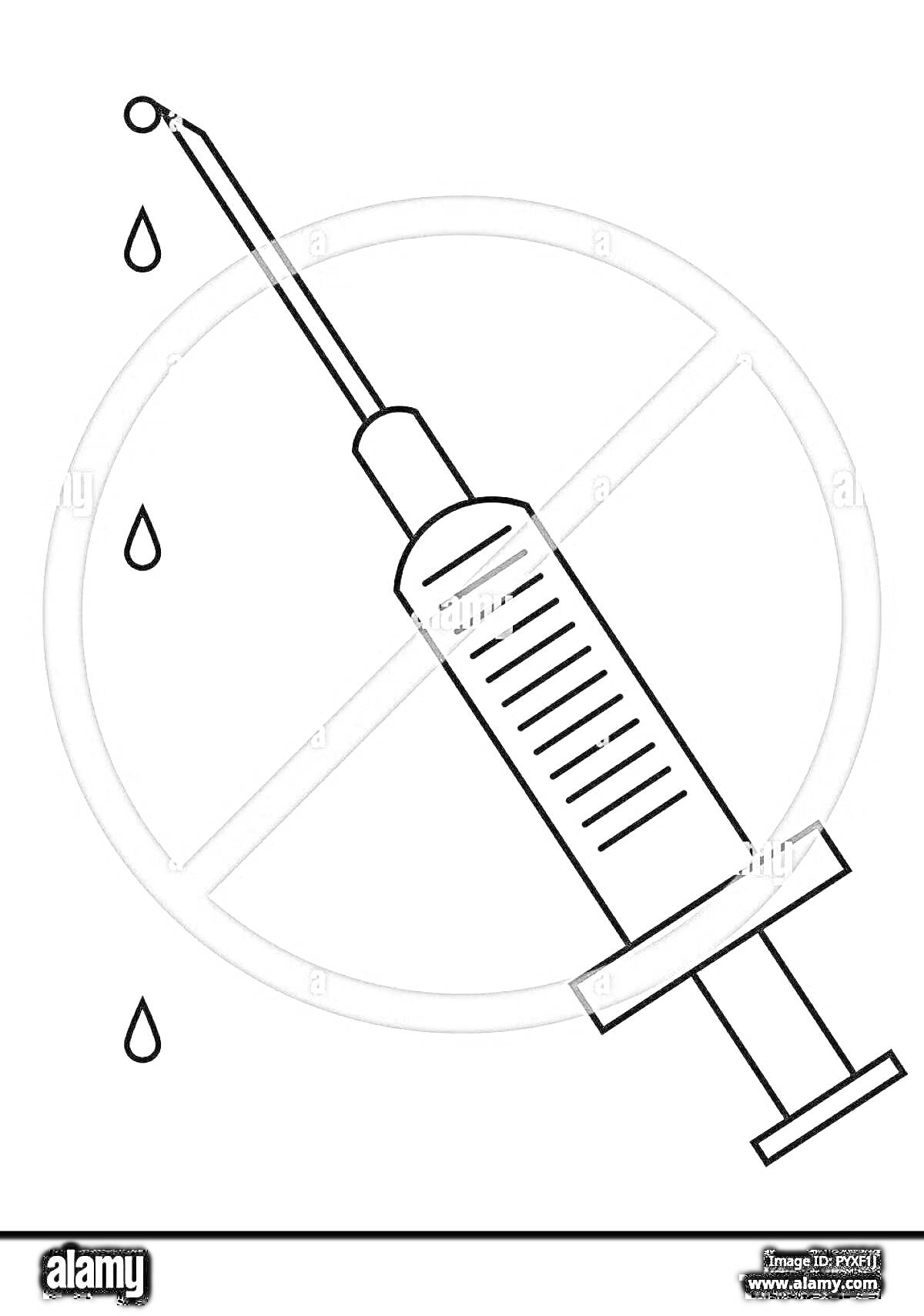 Раскраска Шприц с каплями на фоне запрещающего знака