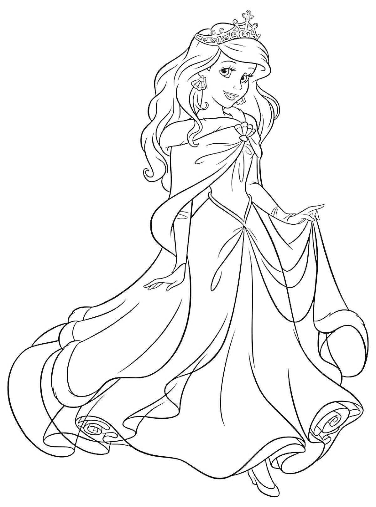 Раскраска Принцесса в пышном платье с короной и длинными волосами