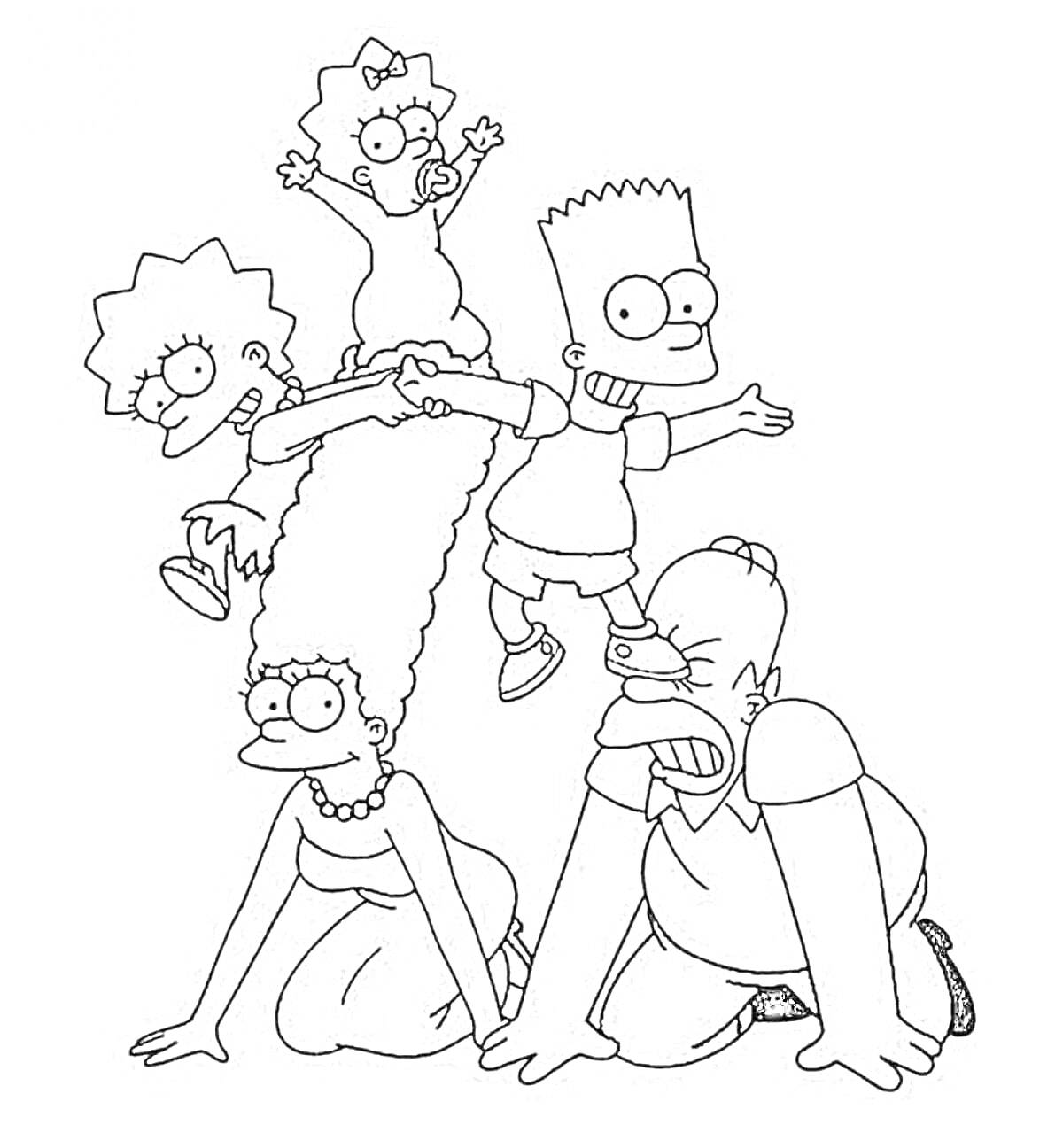 На раскраске изображено: Симпсоны, По номерам, Мардж Симпсон, Гомер Симпсон, Барт Симпсон, Лиза Симпсон, Мэгги Симпсон, Семья