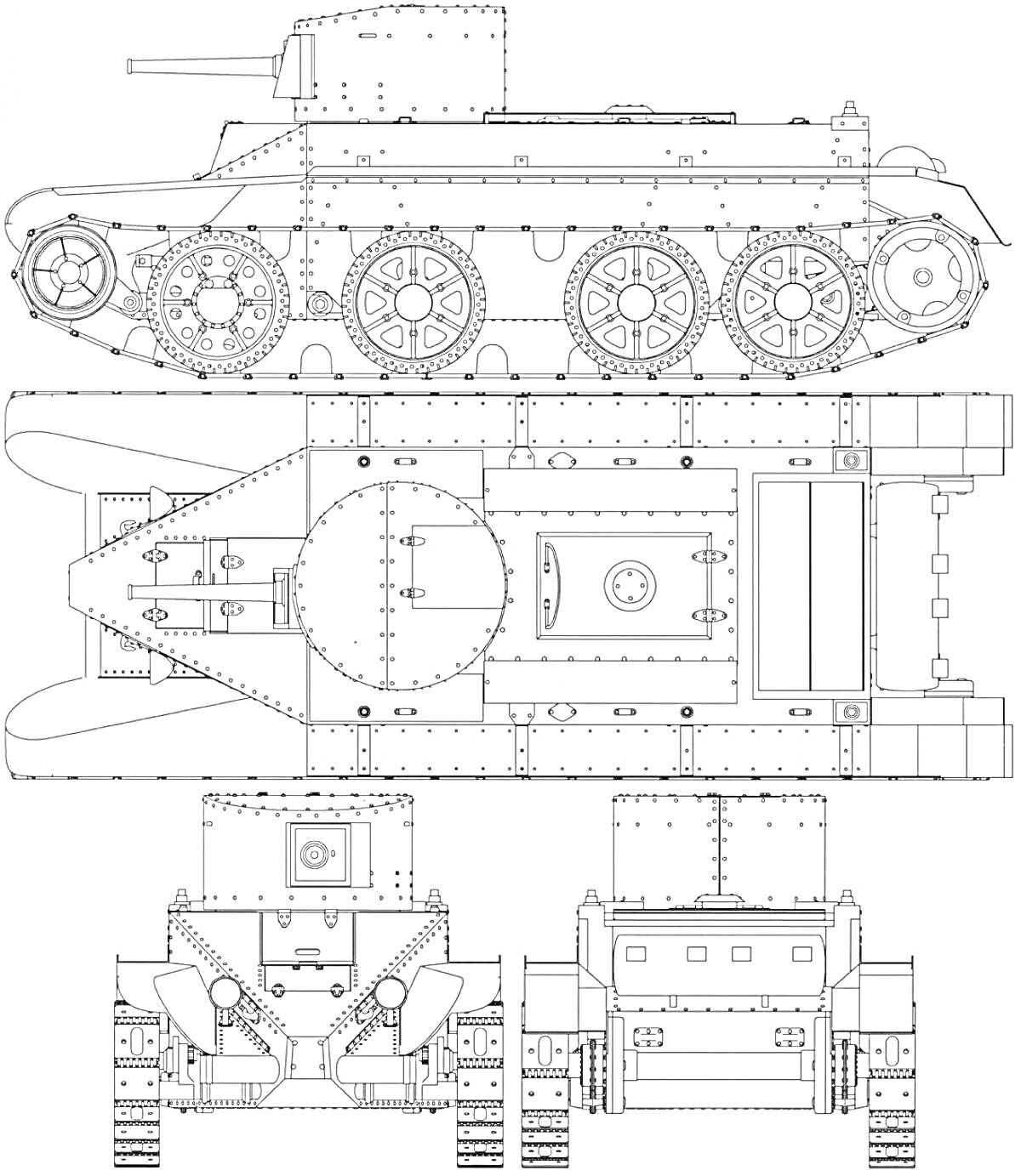 Раскраска Чертёж танка БТ-7 с видом сбоку, сверху и сзади