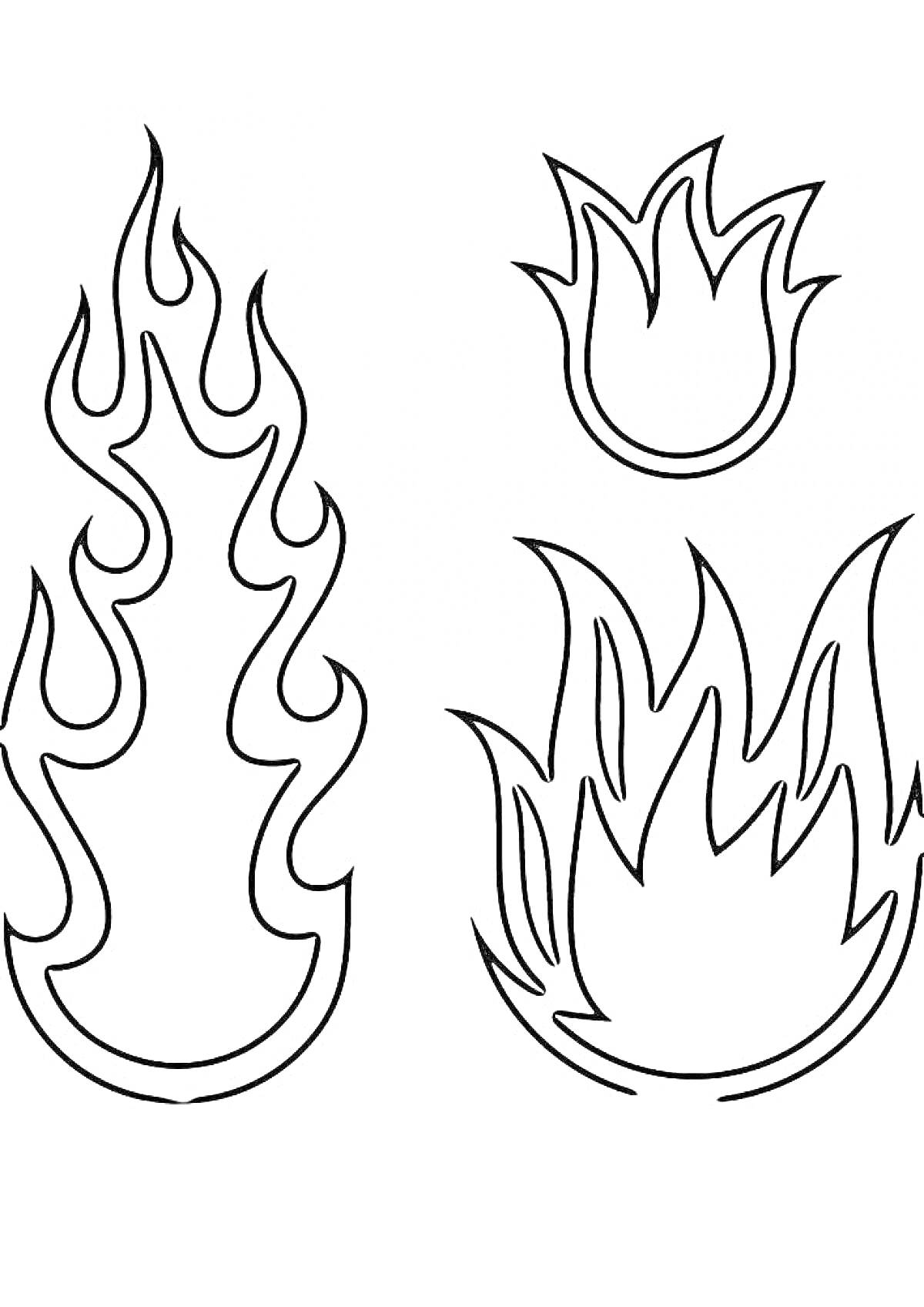 Раскраска Огненные пламя, один вытянутый огонь слева, два круглых огня справа