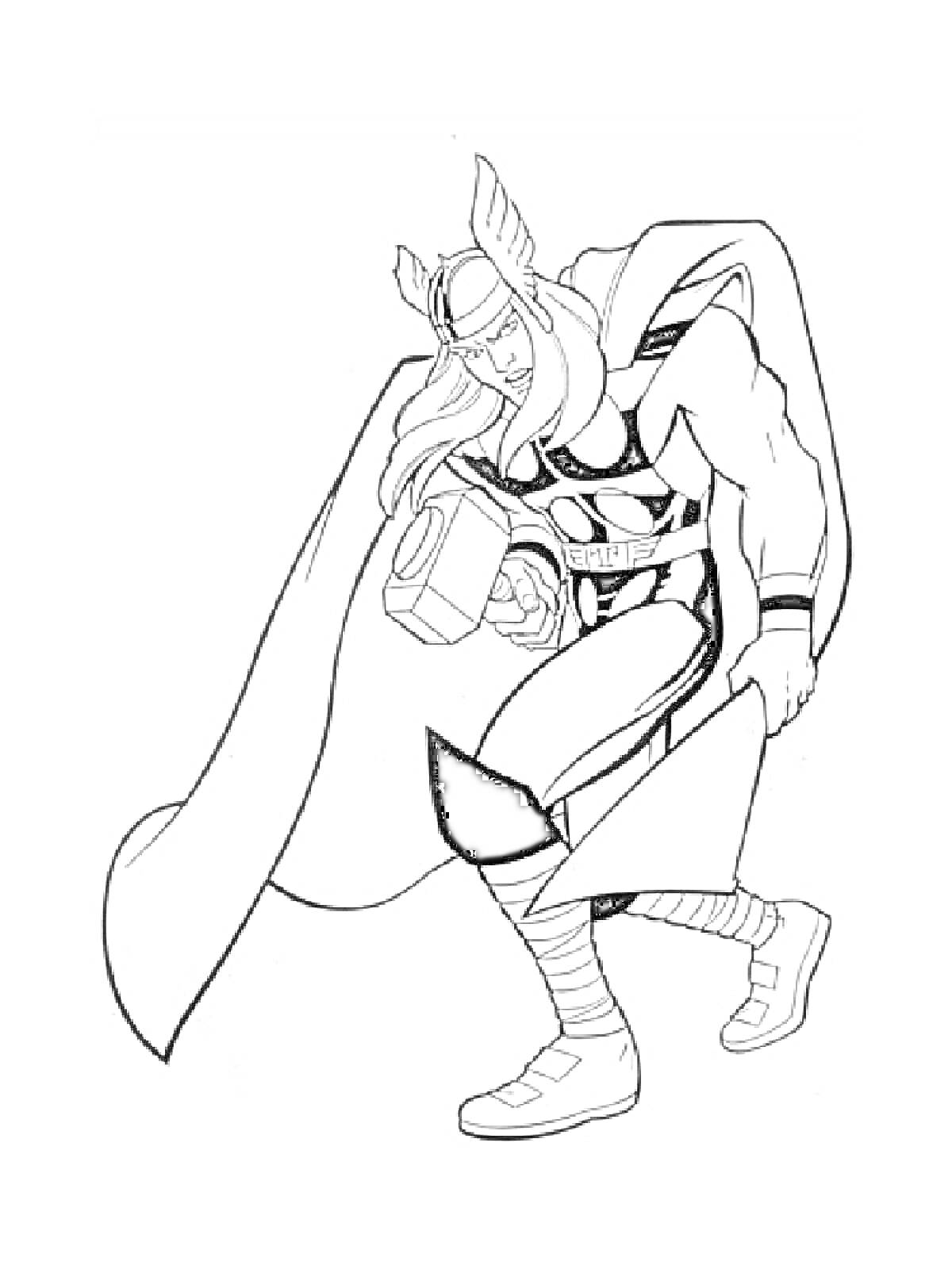 Раскраска Могущественный супергерой с молотом и в развевающемся плаще