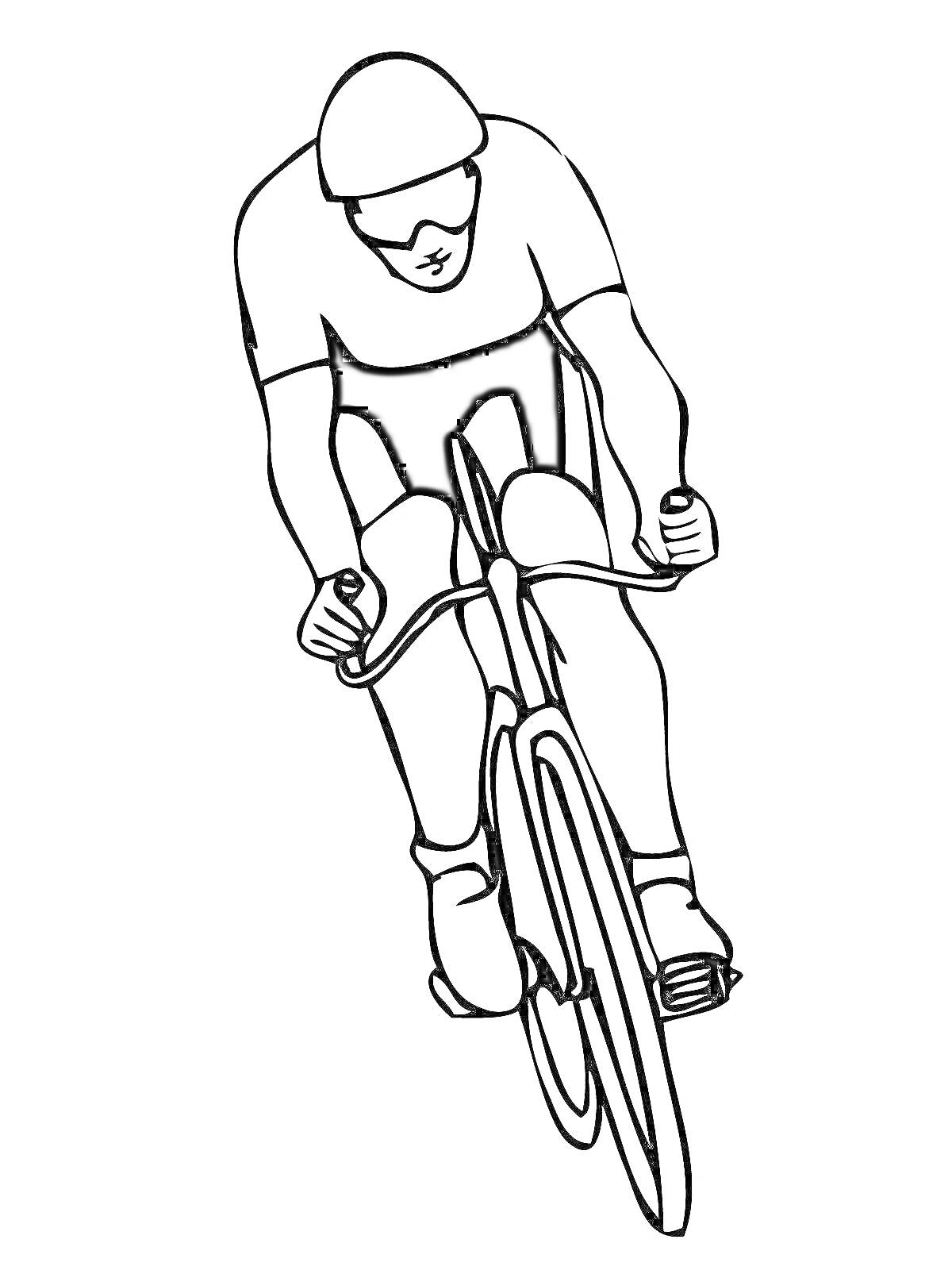 На раскраске изображено: Велосипедист, Гонщик, Спорт, Велосипед, Езда, Спортивная одежда, Скорость