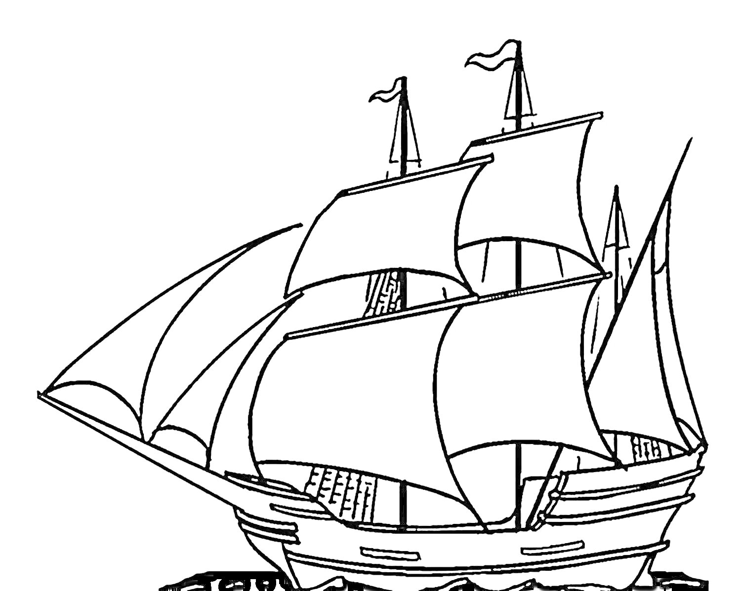 На раскраске изображено: Корабль, Паруса, Море, Морской транспорт, Волны