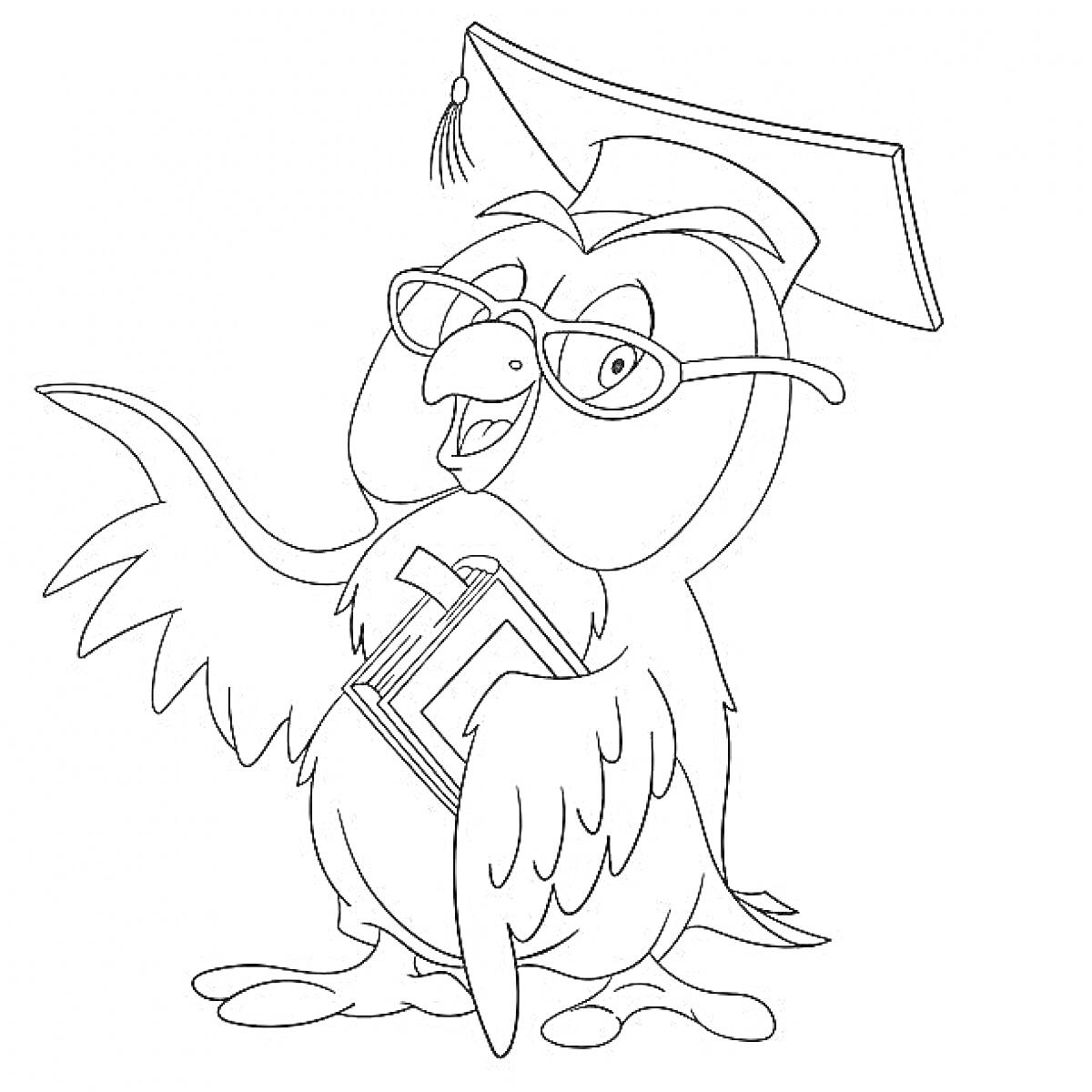 Раскраска Сова в очках и академической шапочке, держащая книгу