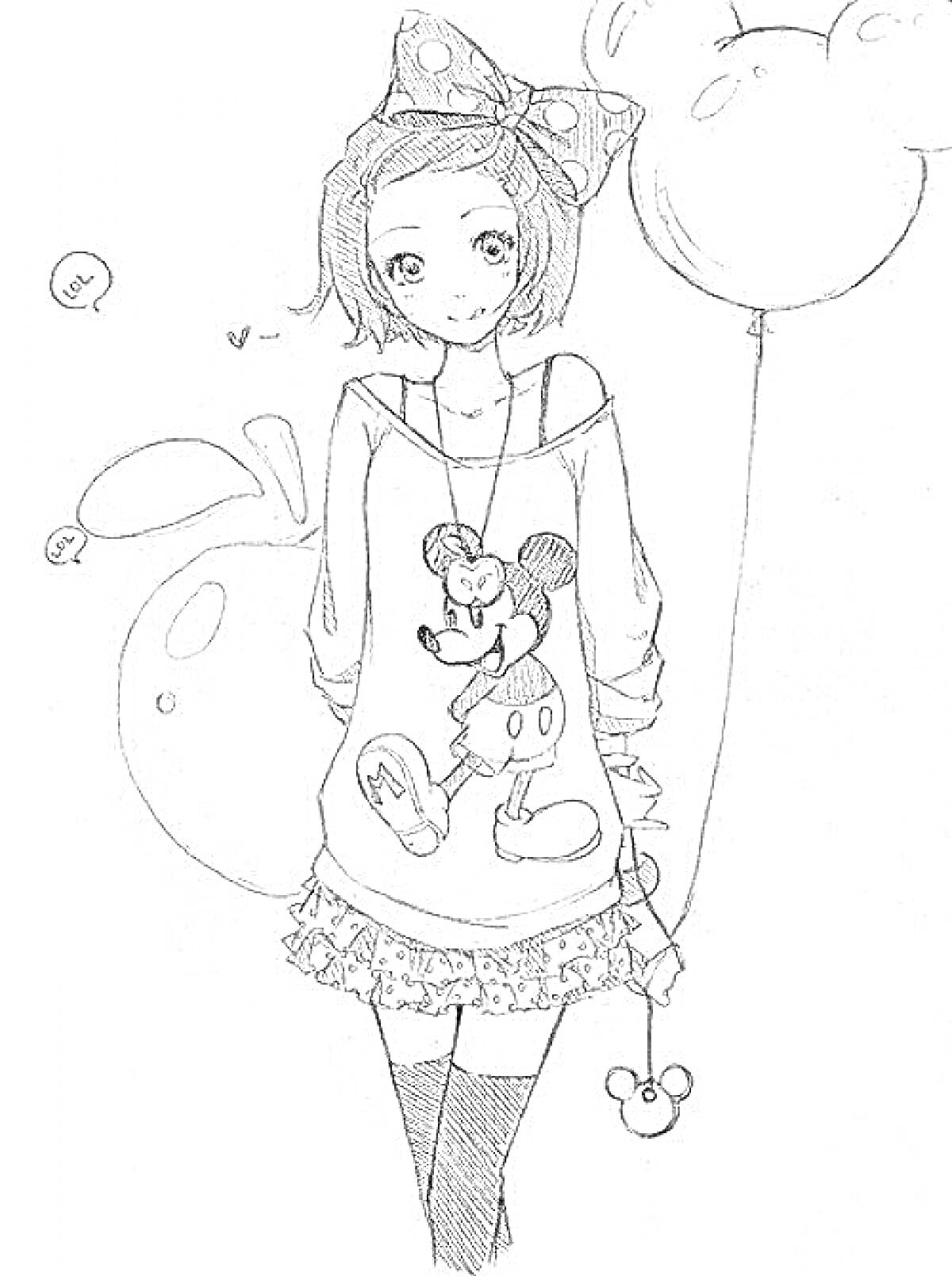 Раскраска Девочка в стиле аниме с бантом, воздушными шарами и свитером с Микки Маусом