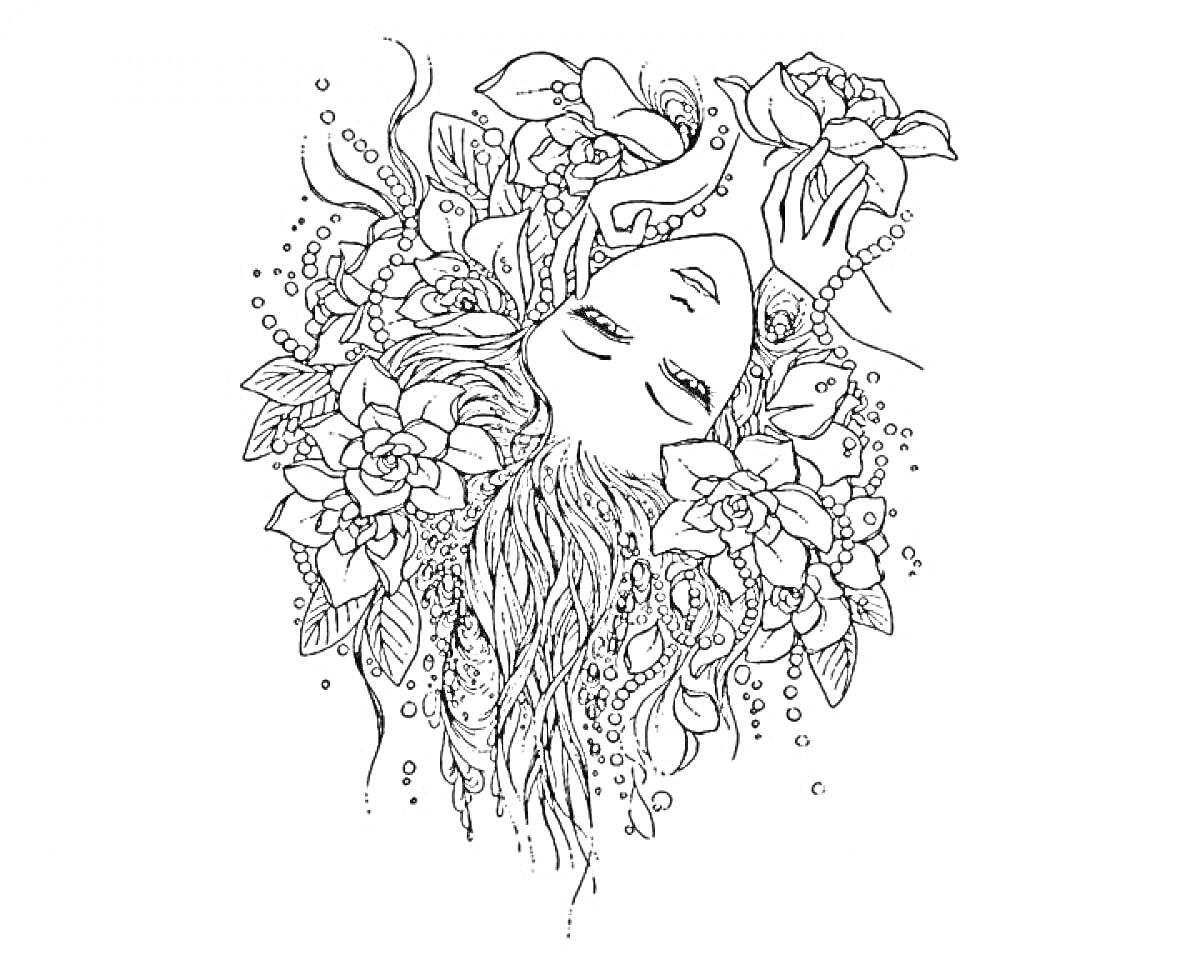 Раскраска Девушка с закрытыми глазами, окруженная цветами и витиеватыми линиями