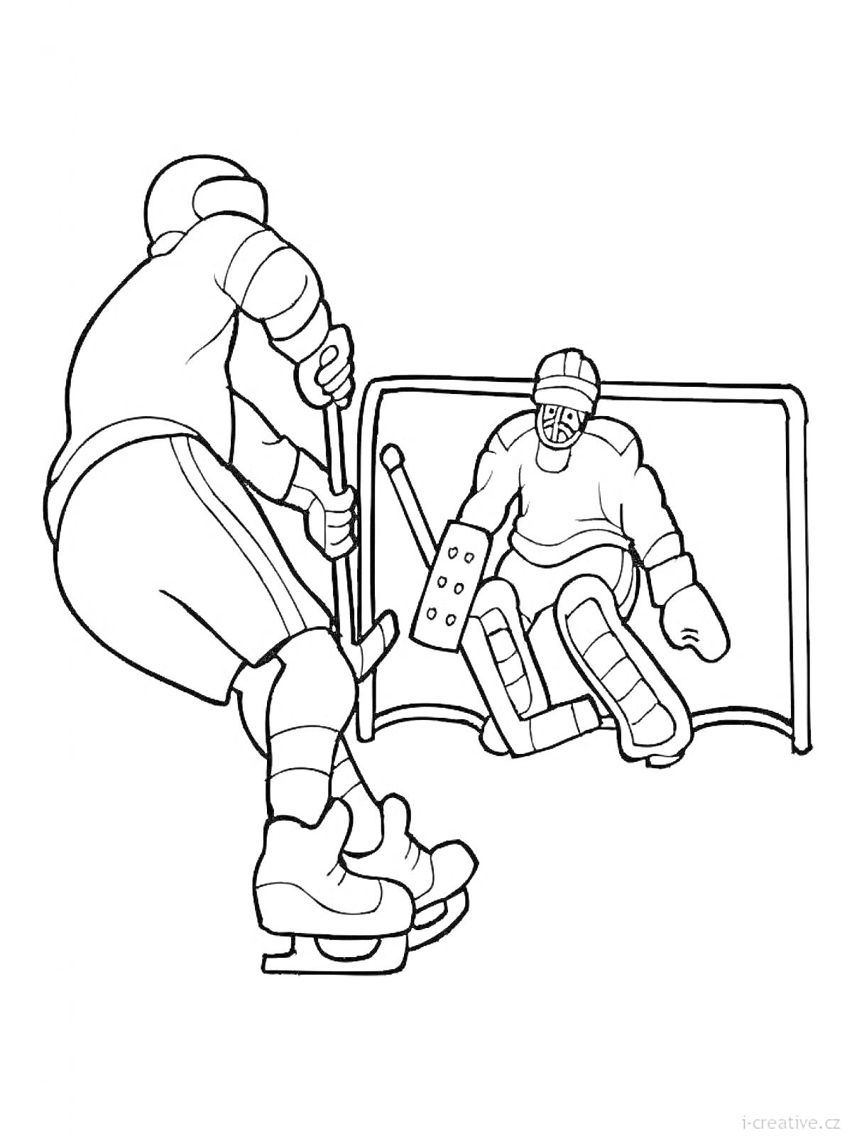Раскраска хоккейный матч с игроком и вратарем у ворот