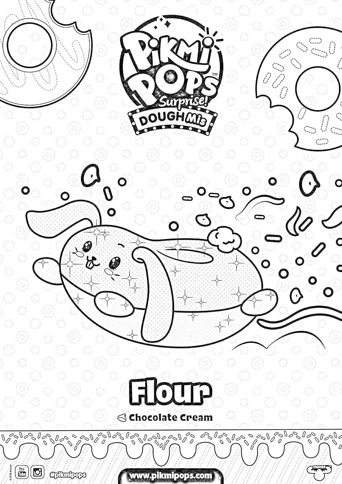 Раскраска Pikmi Pops Surprise DoughMi с игрушкой-зайчиком Flour в форме пончика с шоколадным кремом и летящими вокруг крошками
