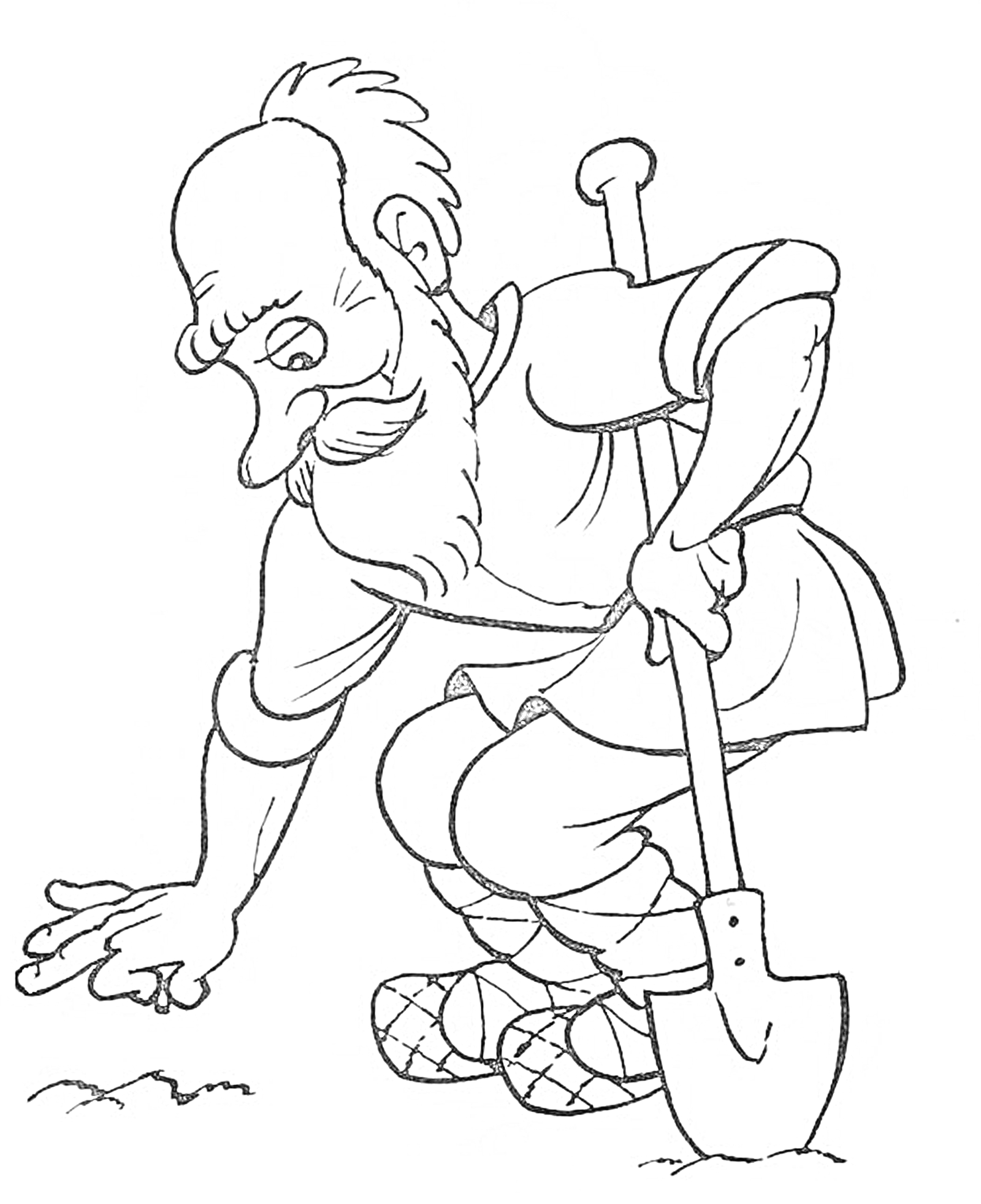 Раскраска Старик с бородой, в традиционной одежде, с лопатой, наклонившийся к земле