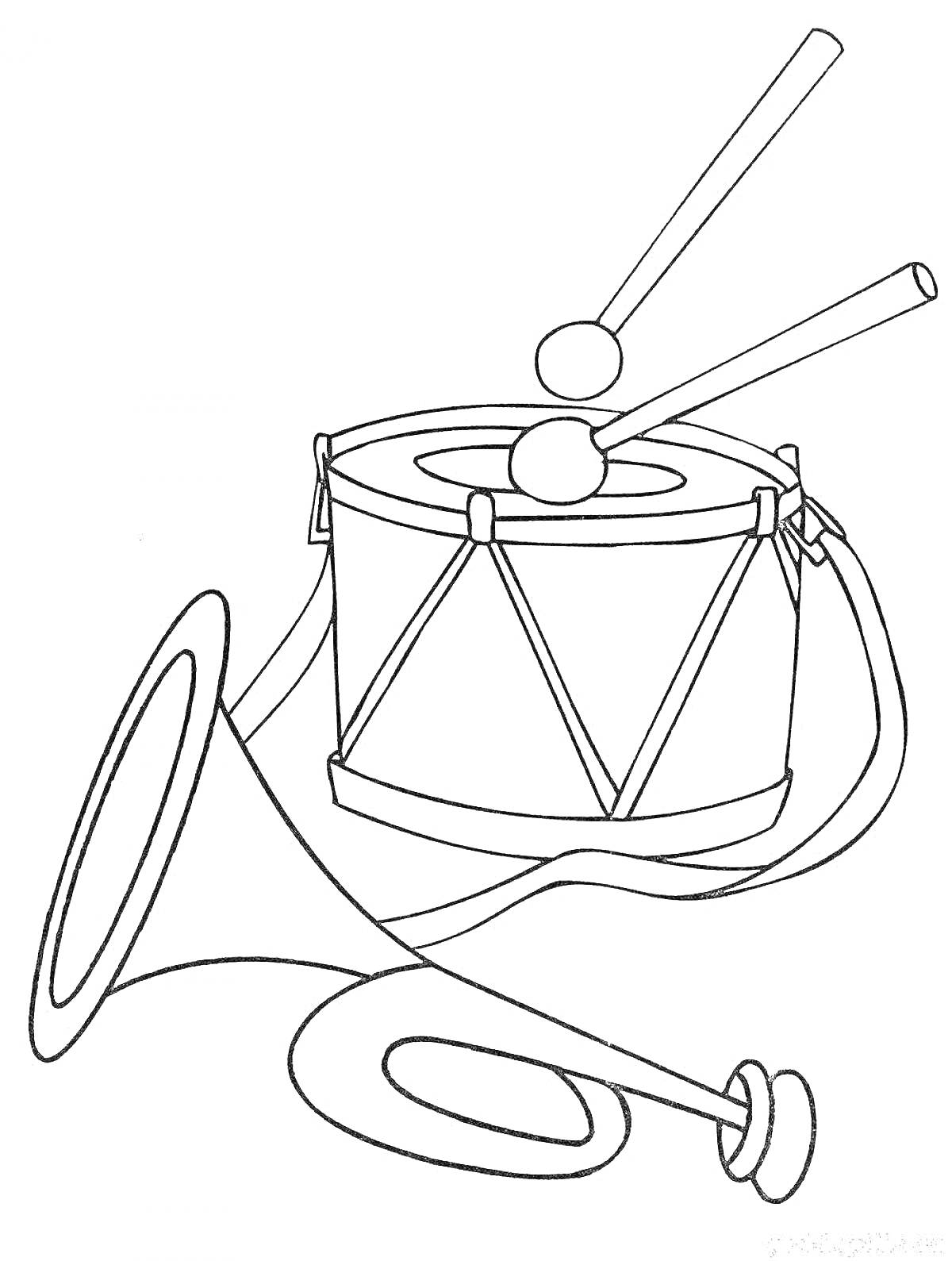Раскраска Барабан и труба с барабанными палочками