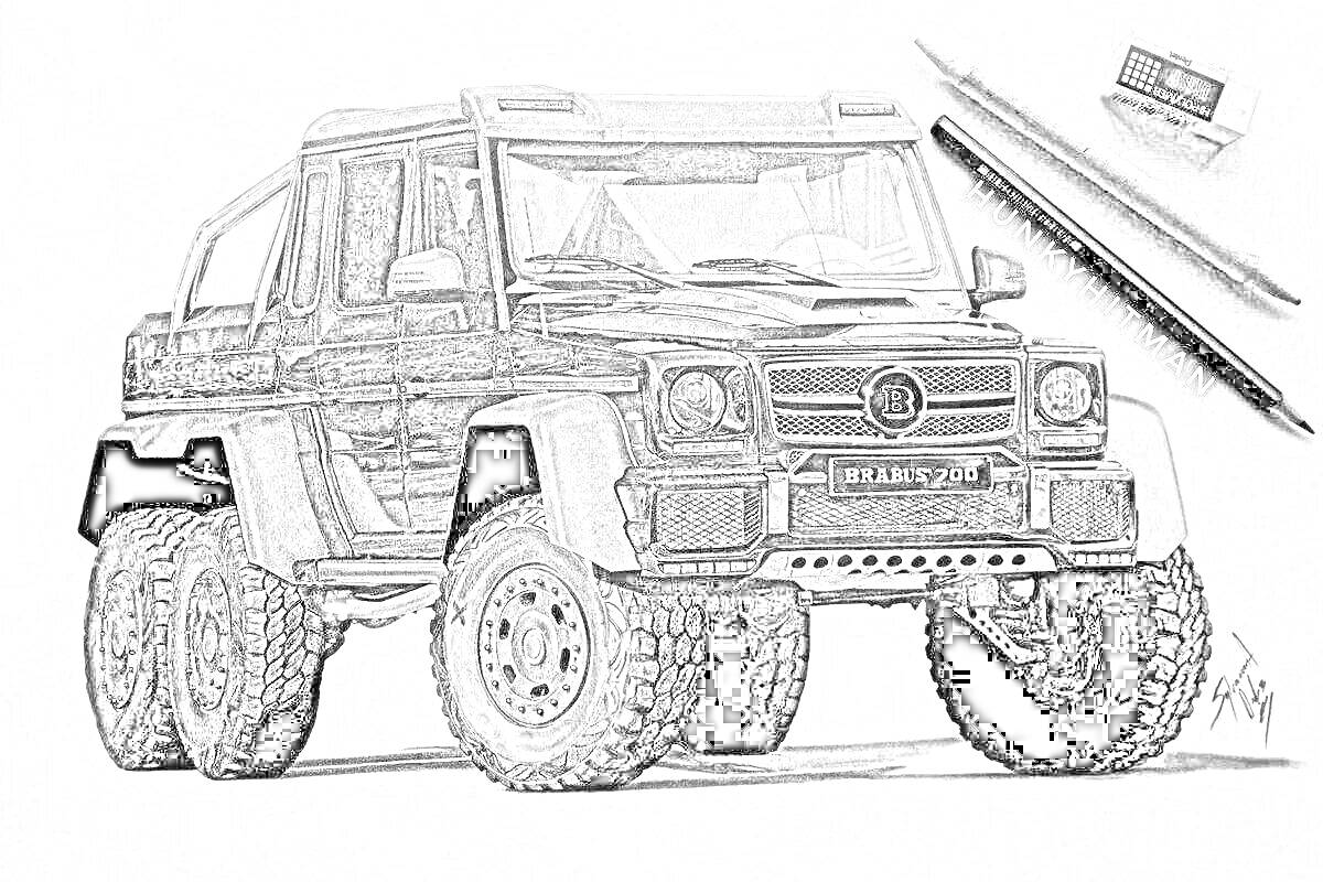 Раскраска Рисунок гелик 6x6 с четырьмя колесами, карандашами, ластиком и заостренной линией