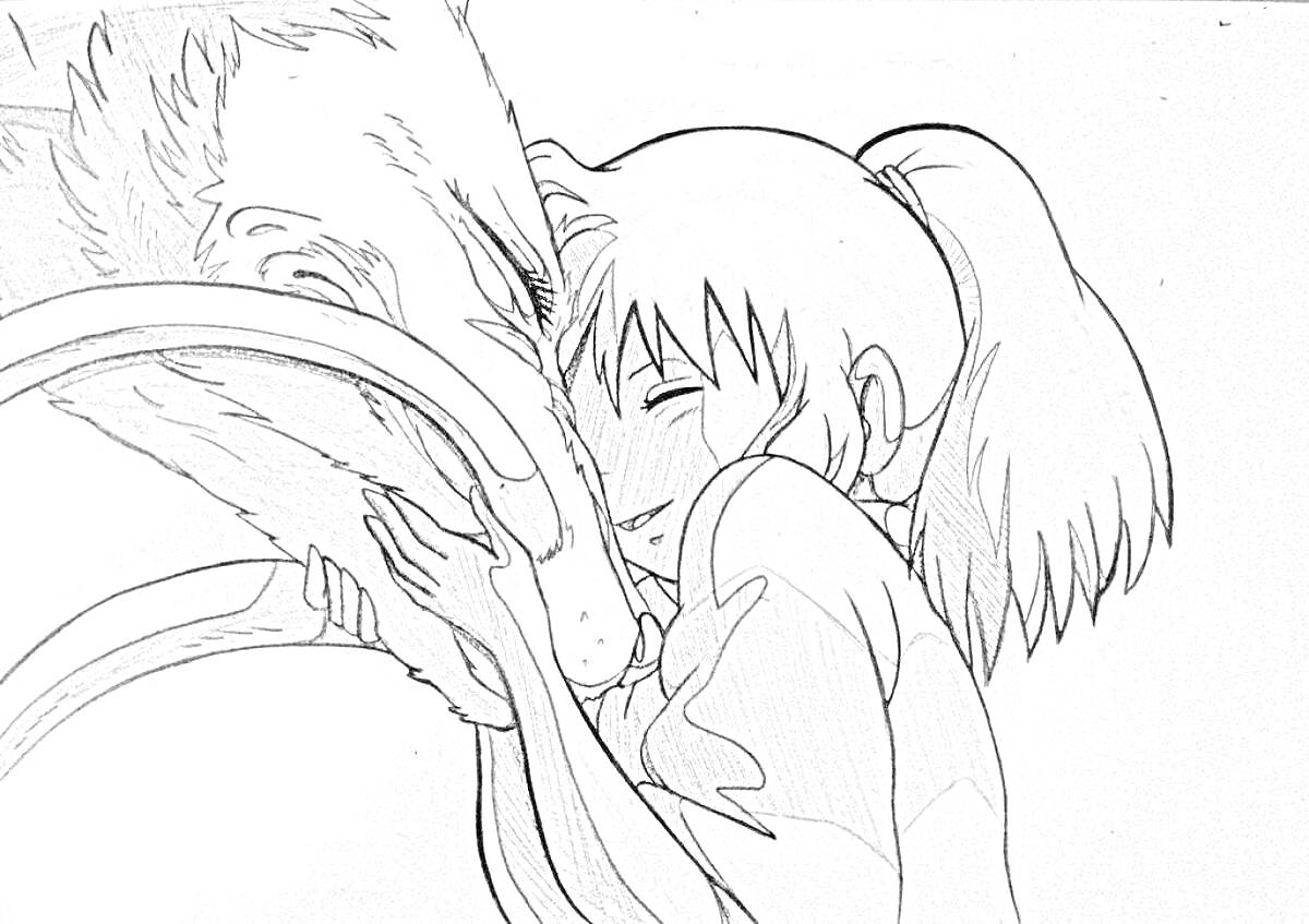 Раскраска Девочка Тихиро обнимает дракона Хаку, их лица очень близко друг к другу