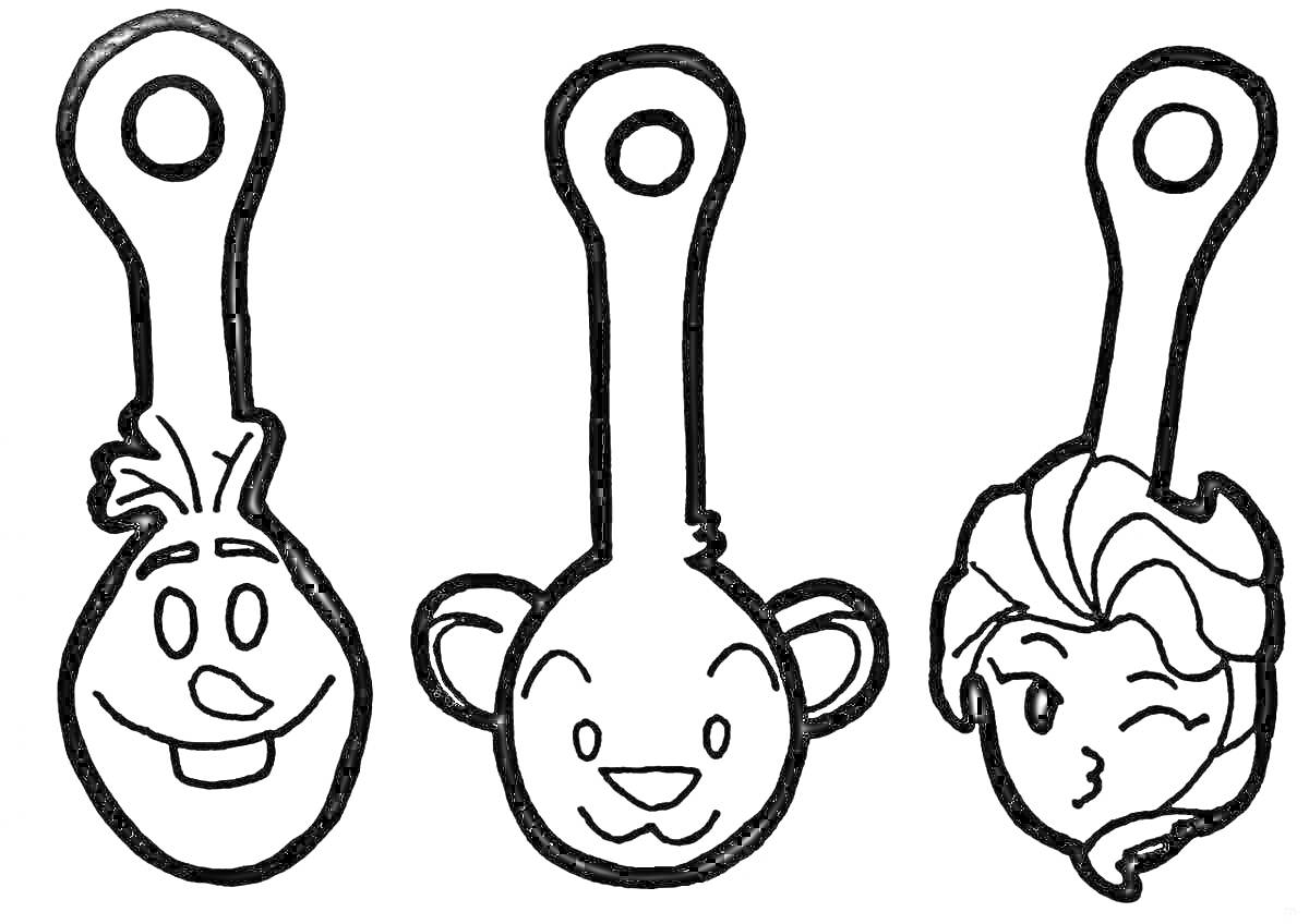 Раскраска скрепыши с лицами персонажей: мордочка медвежонка, улыбающийся персонаж с зубами, подмигивающий персонаж