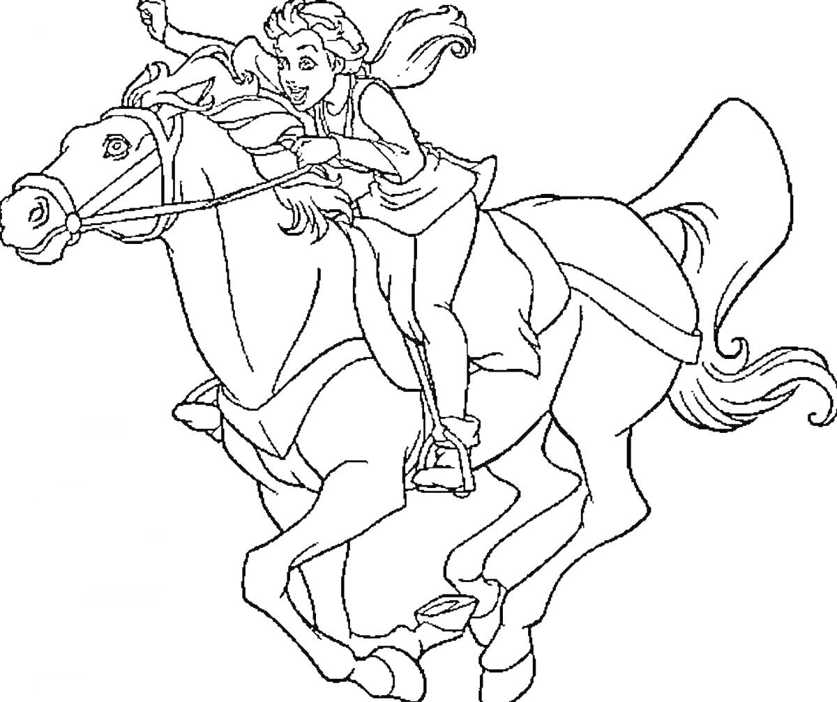На раскраске изображено: Ребенок, Лошадь, Верховая езда, Скачки