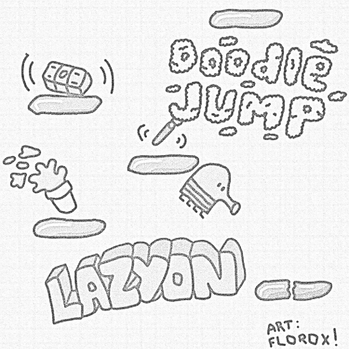 Раскраска Doodle Jump с персонажем, пистолетом, платформами и текстом 