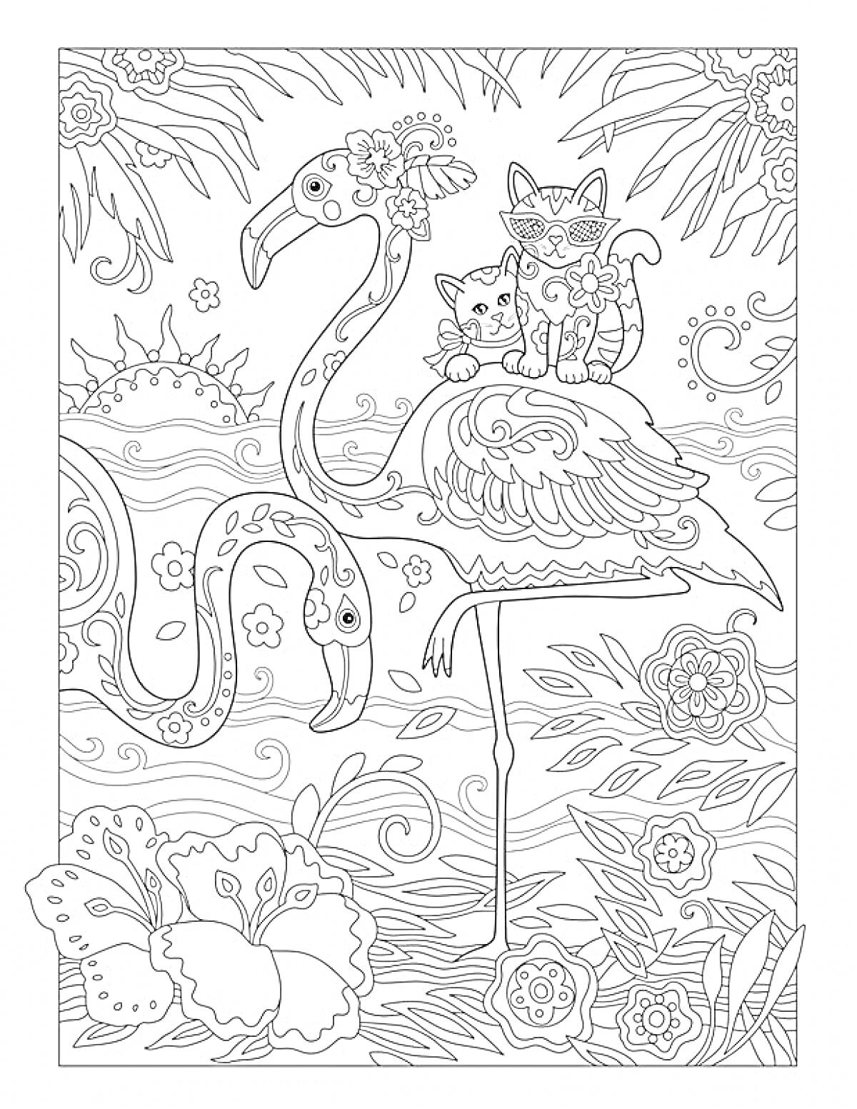 На раскраске изображено: Фламинго, Цветы, Антистресс, Вода, Природа, Листья, Бабочка, Кот
