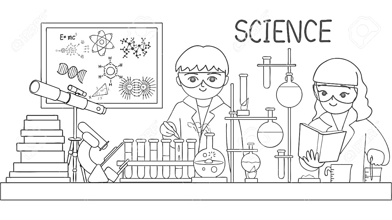 На раскраске изображено: Наука, Лаборатория, Микроскоп, Пробирки, Очки, Эксперименты, Изучение, Исследования