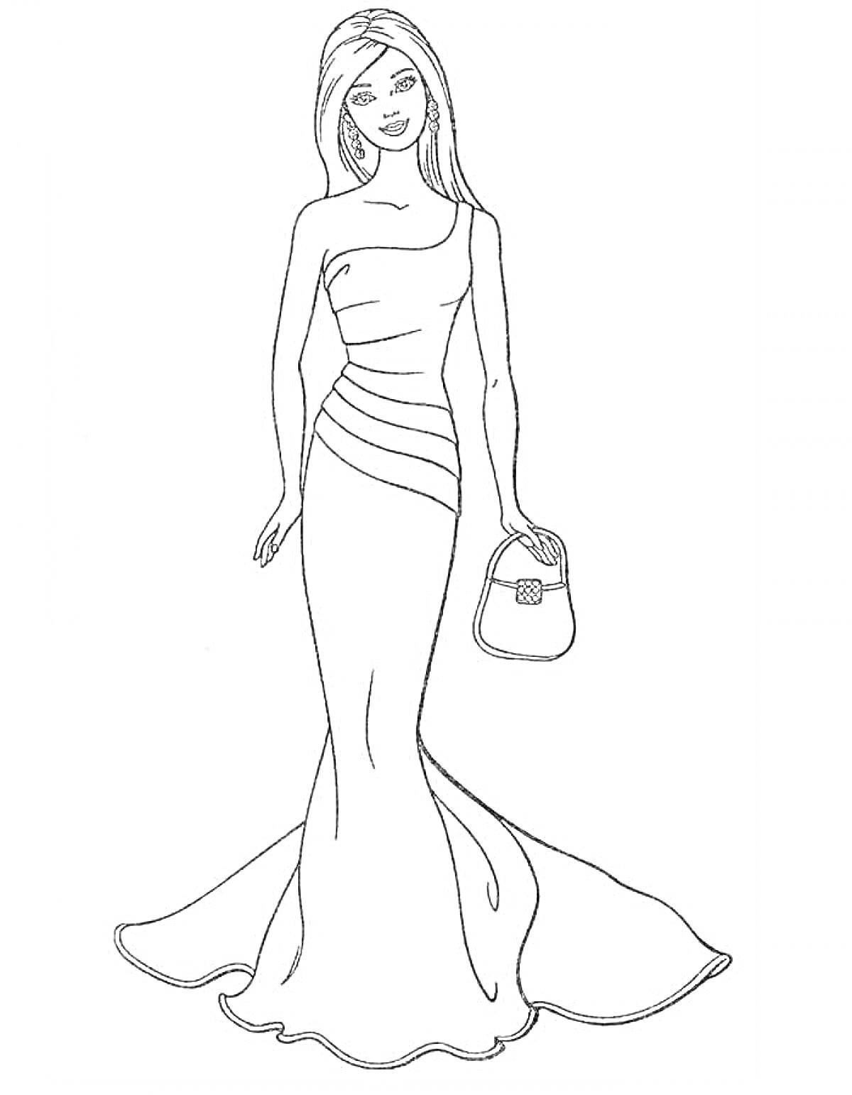 Раскраска Кукла Барби в длинном вечернем платье с сумочкой