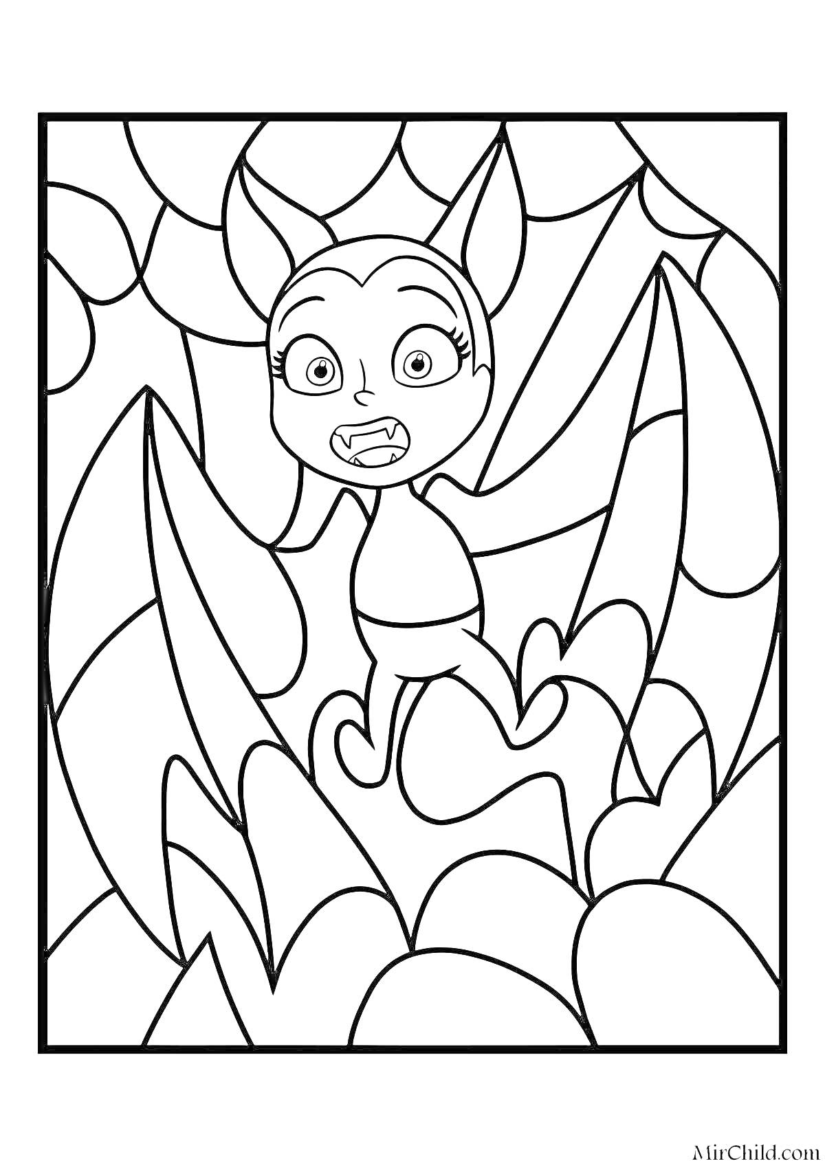 Раскраска Маленькая девочка с крыльями летучей мыши среди больших листьев