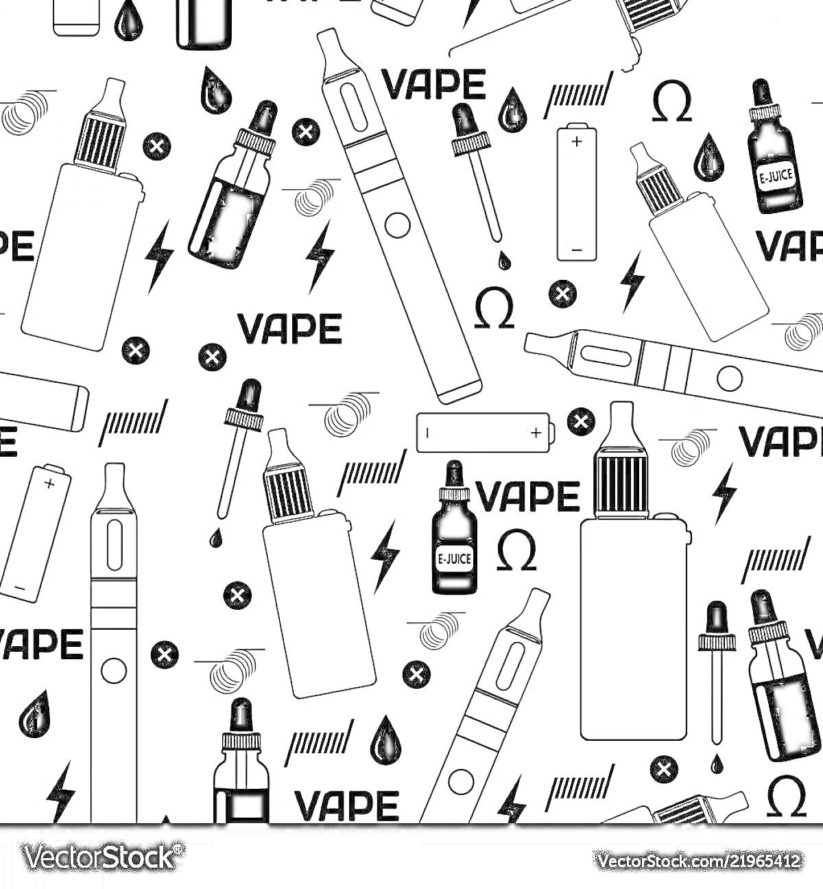 Раскраска Элементы вейпинга: устройства, жидкости, капельницы, капли, молнии, символ Ом, крестики