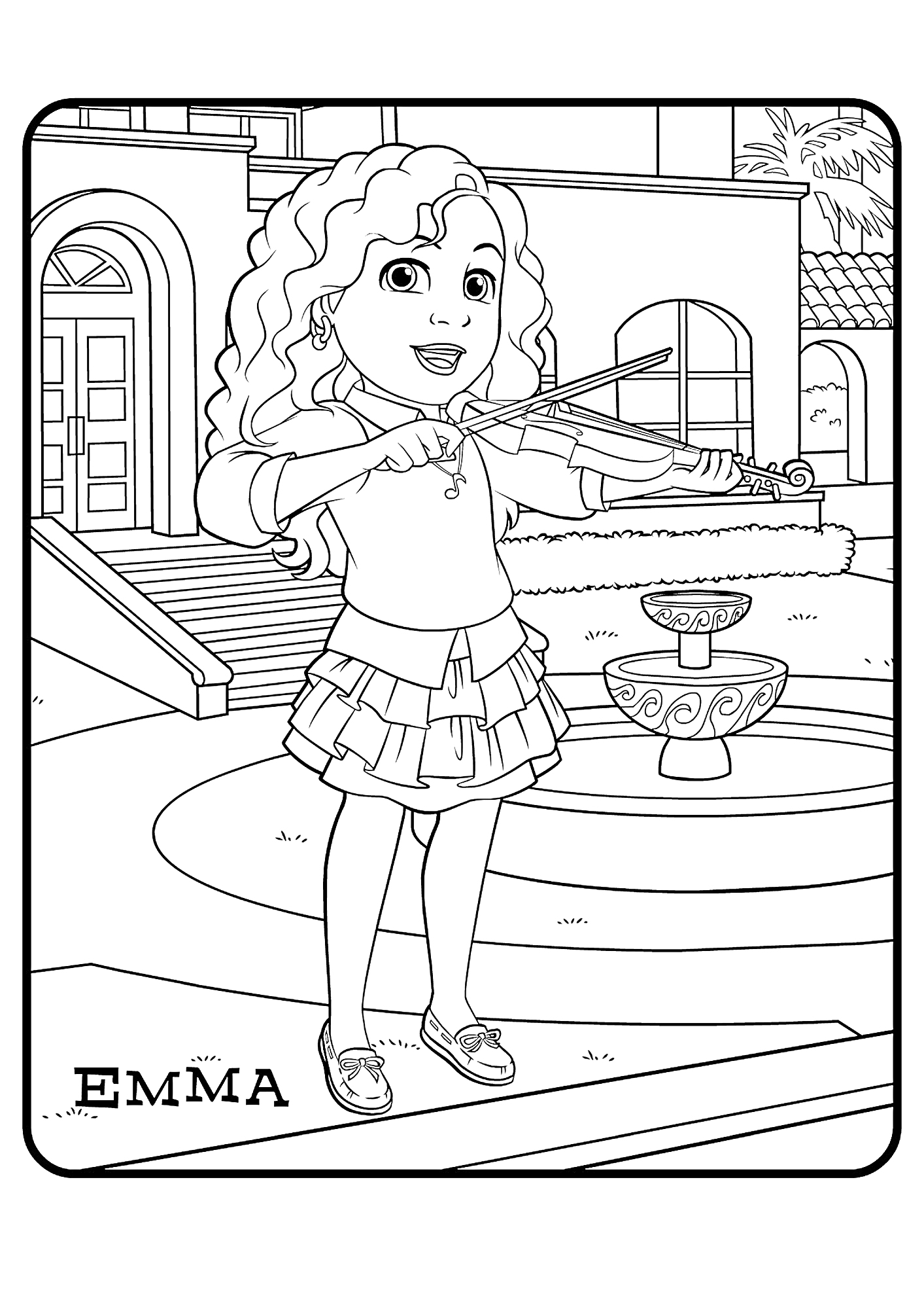 Раскраска Девочка по имени Эмма играет на скрипке возле фонтана у здания