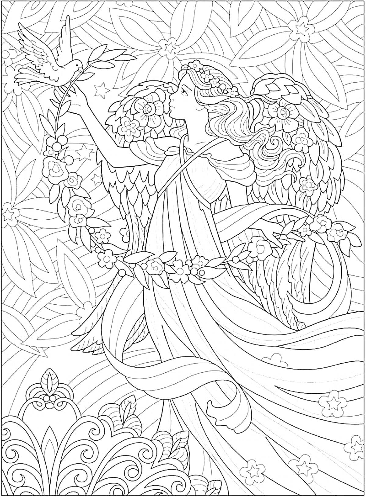 Раскраска Ангел с цветочным венком, птицей и узорчатым фоном