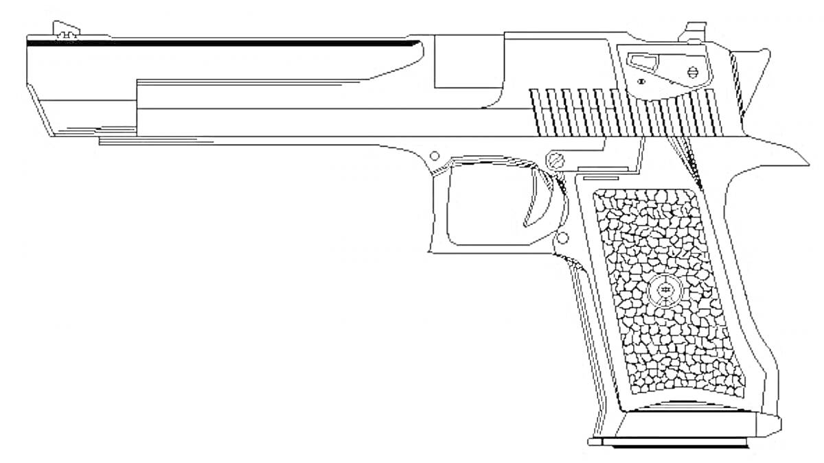 На раскраске изображено: Пистолет, Desert Eagle, Оружие, Контурные рисунки