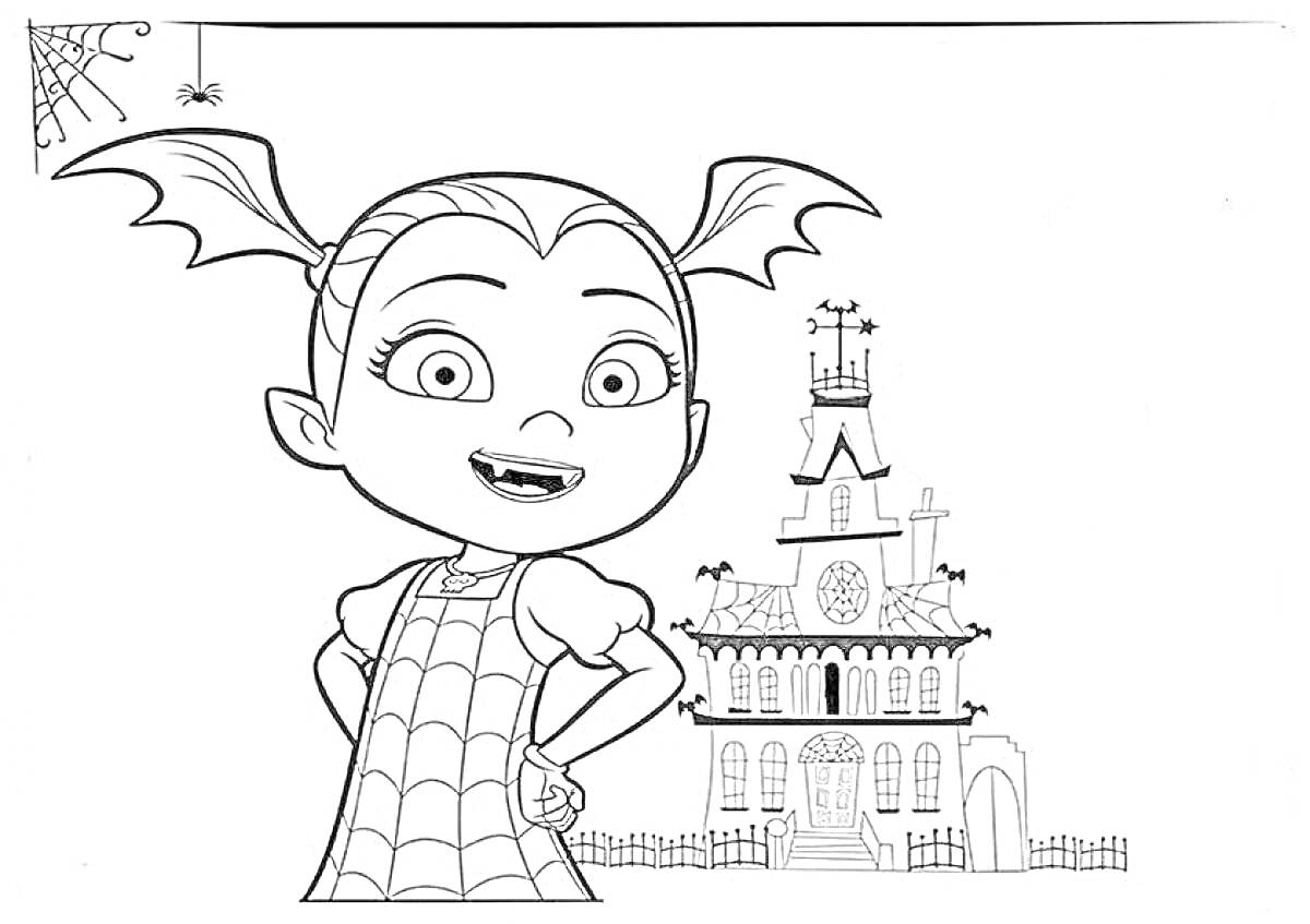 Раскраска девочка вампир в паучьем платье перед замком c паутиной и пауком