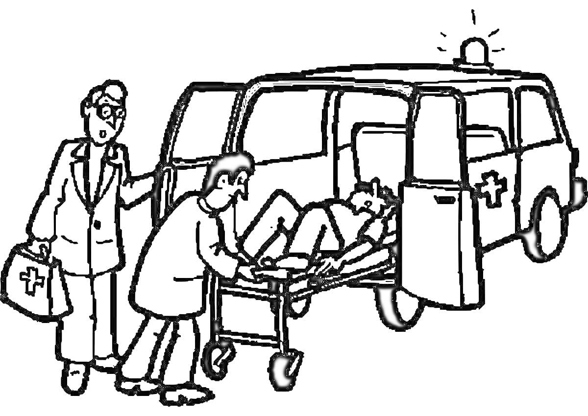 Раскраска Скорая помощь загружает пациента в автомобиль