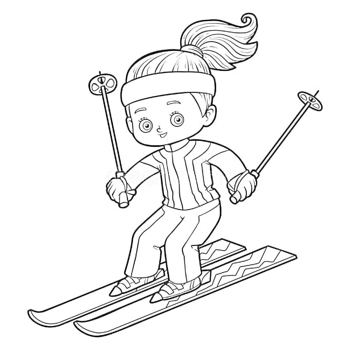На раскраске изображено: Девочка, Лыжи, Свитер, Зимний спорт, Палки