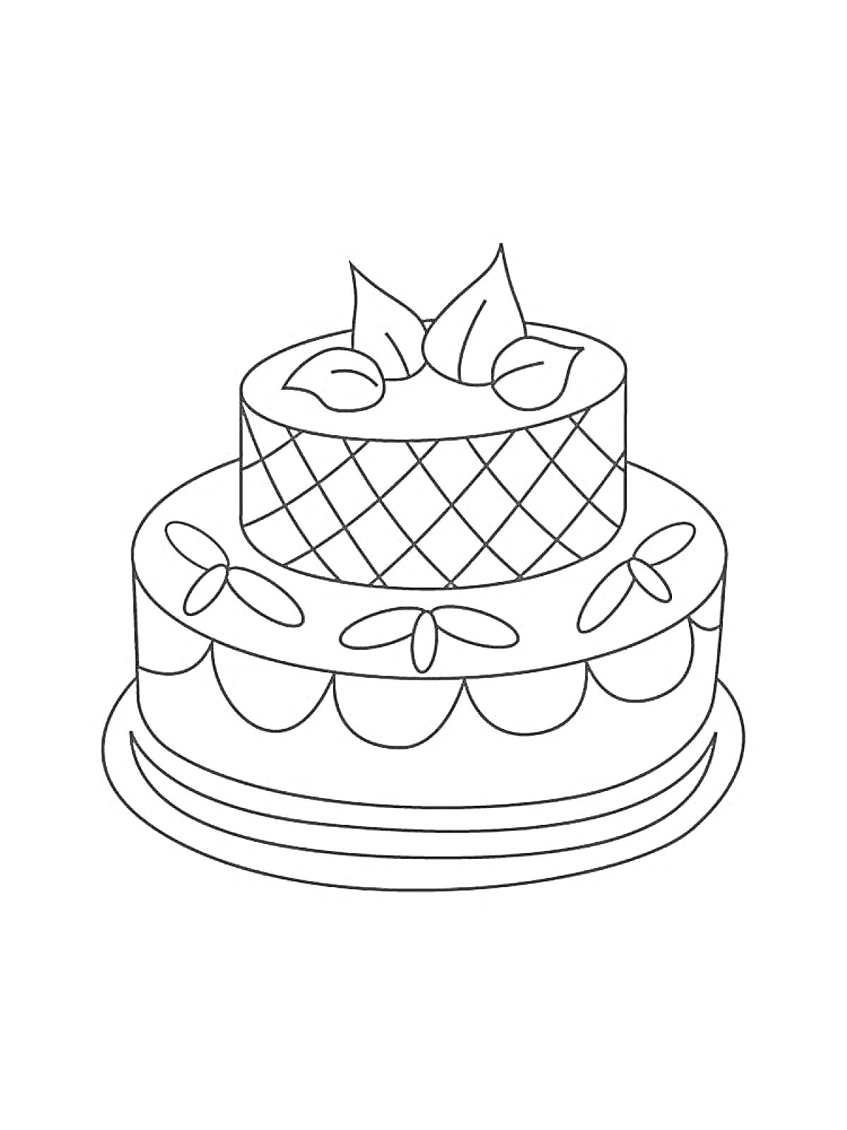 Раскраска Двухъярусный торт с рисунками, листьями и ягодами