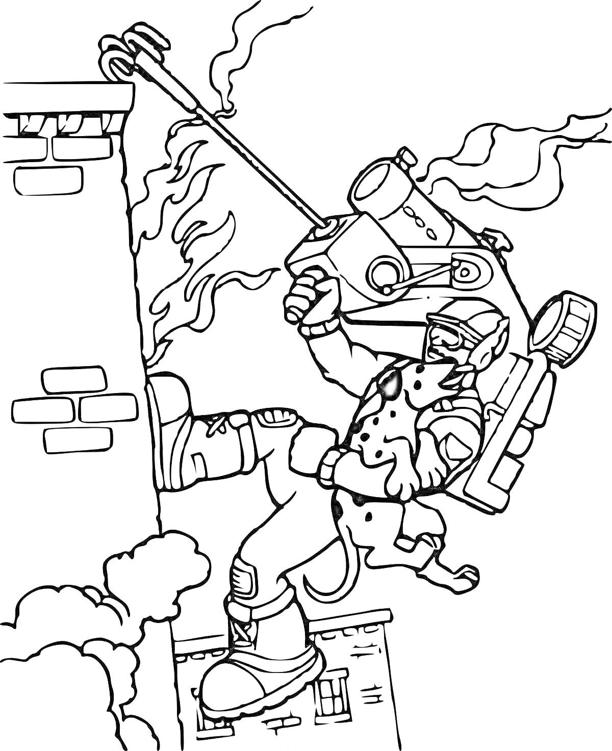 Раскраска Спасатель в костюме собаки с пожарным краном, спасающий людей из горящего здания