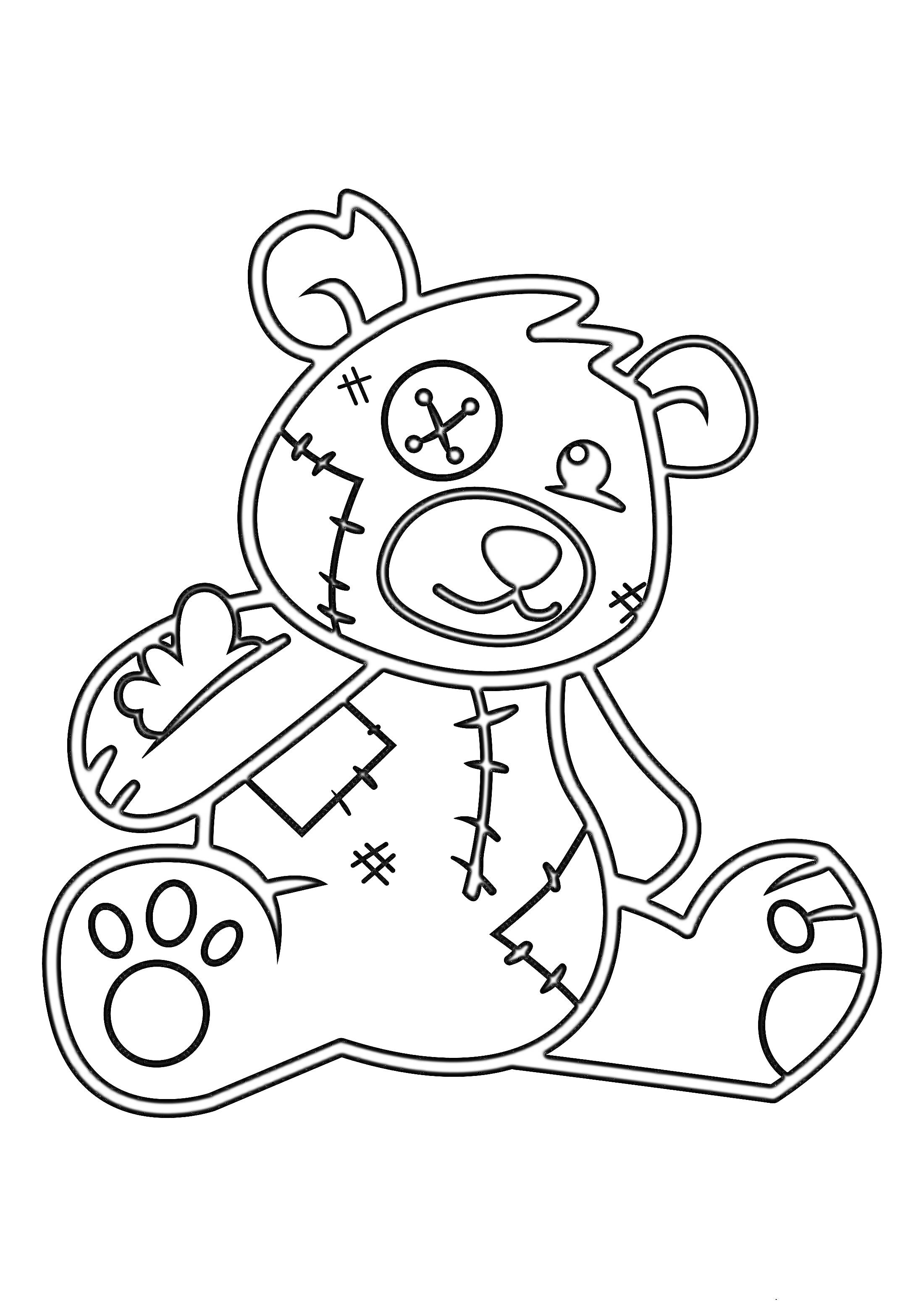 Раскраска Мишка с заплатками и пуговицей вместо глаза, сидящий, с лапами предъявленными вперёд, с прострочками на теле