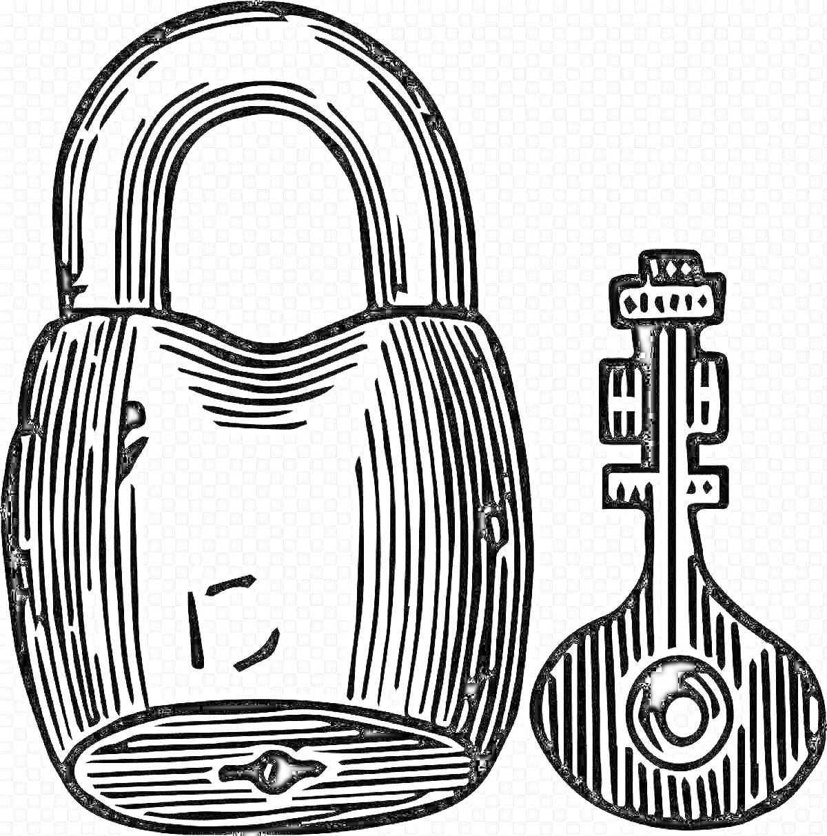 На раскраске изображено: Замок, Ключ, Безопасность, Защита, Металл, Предметы